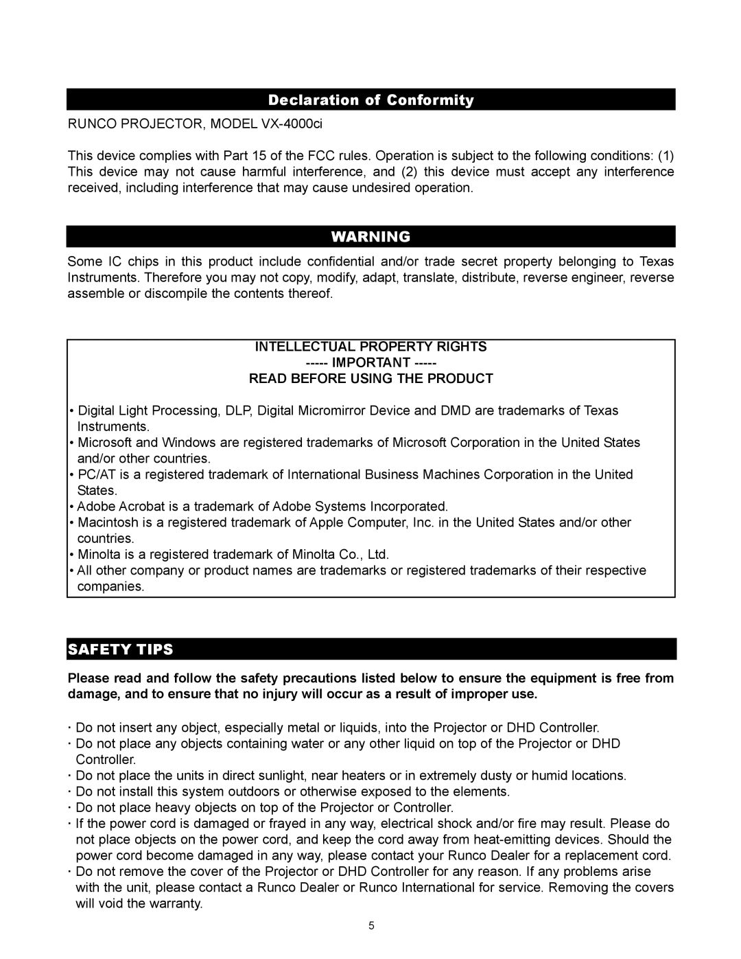 Runco VX-4000ci manual Declaration of Conformity, Intellectual Property Rights Read Before Using the Product 