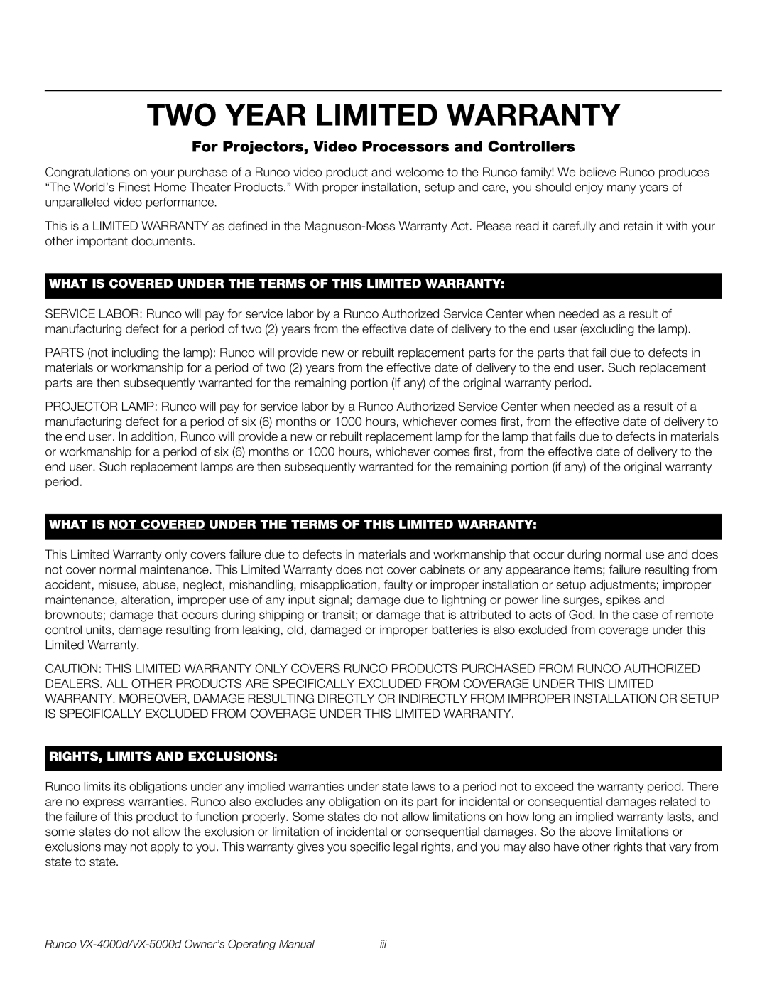 Runco VX-5000d, VX-4000d manual TWO Year Limited Warranty, For Projectors, Video Processors and Controllers 