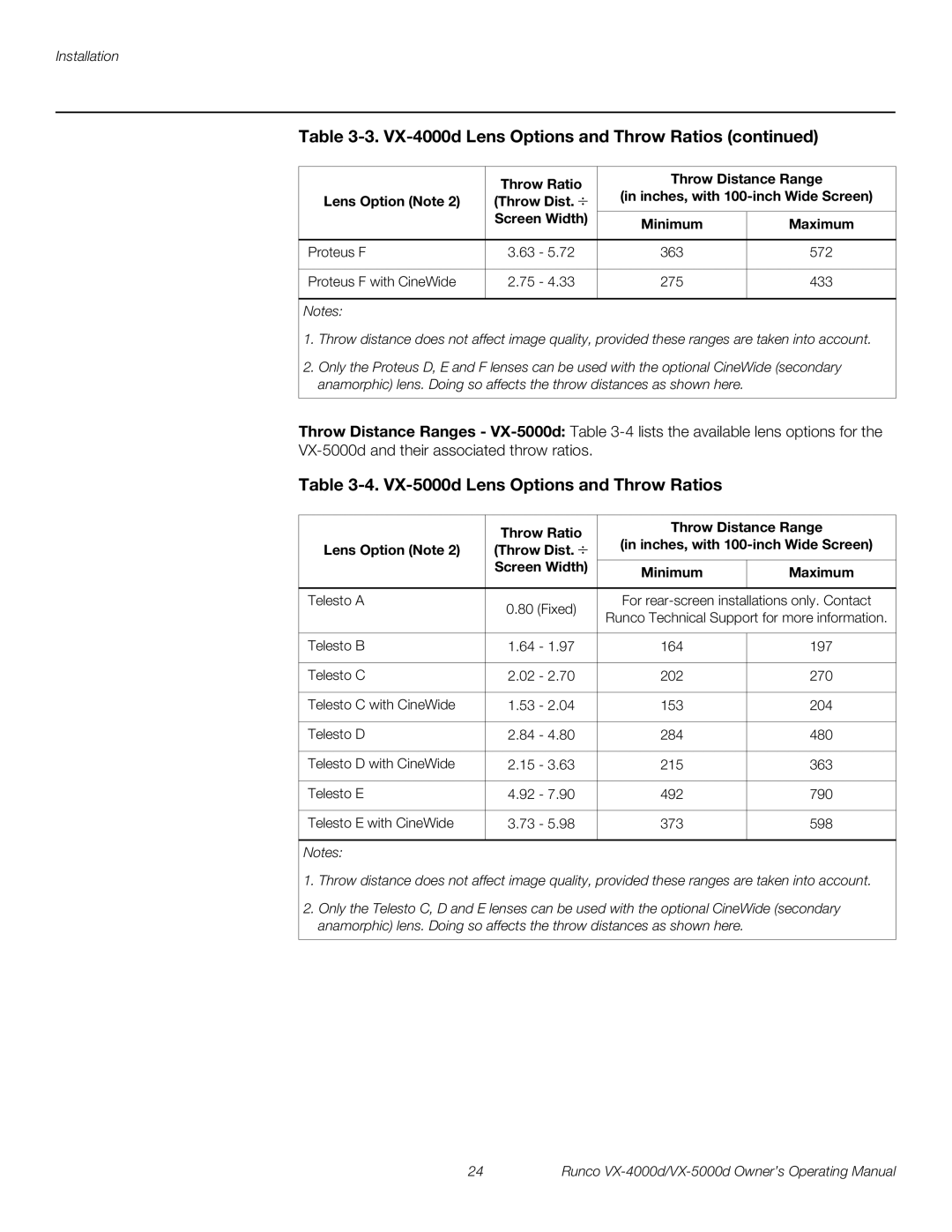 Runco VX-4000d manual VX-5000d Lens Options and Throw Ratios, Lens Option Note, Minimum Maximum Proteus F 