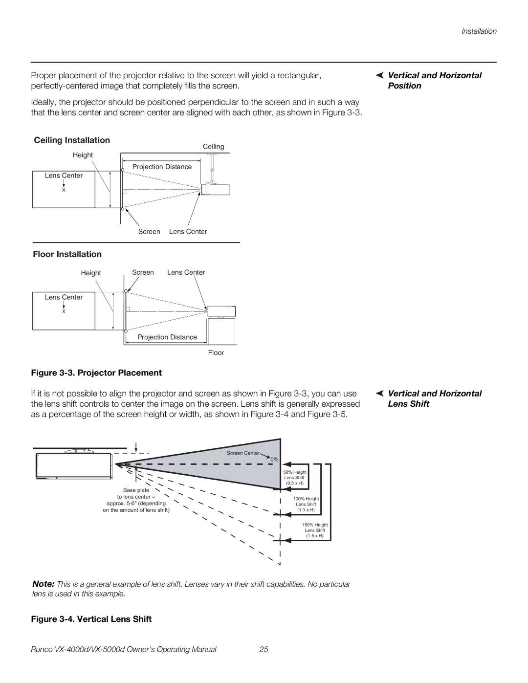 Runco VX-5000d, VX-4000d manual Vertical and Horizontal, Position, Lens Shift 