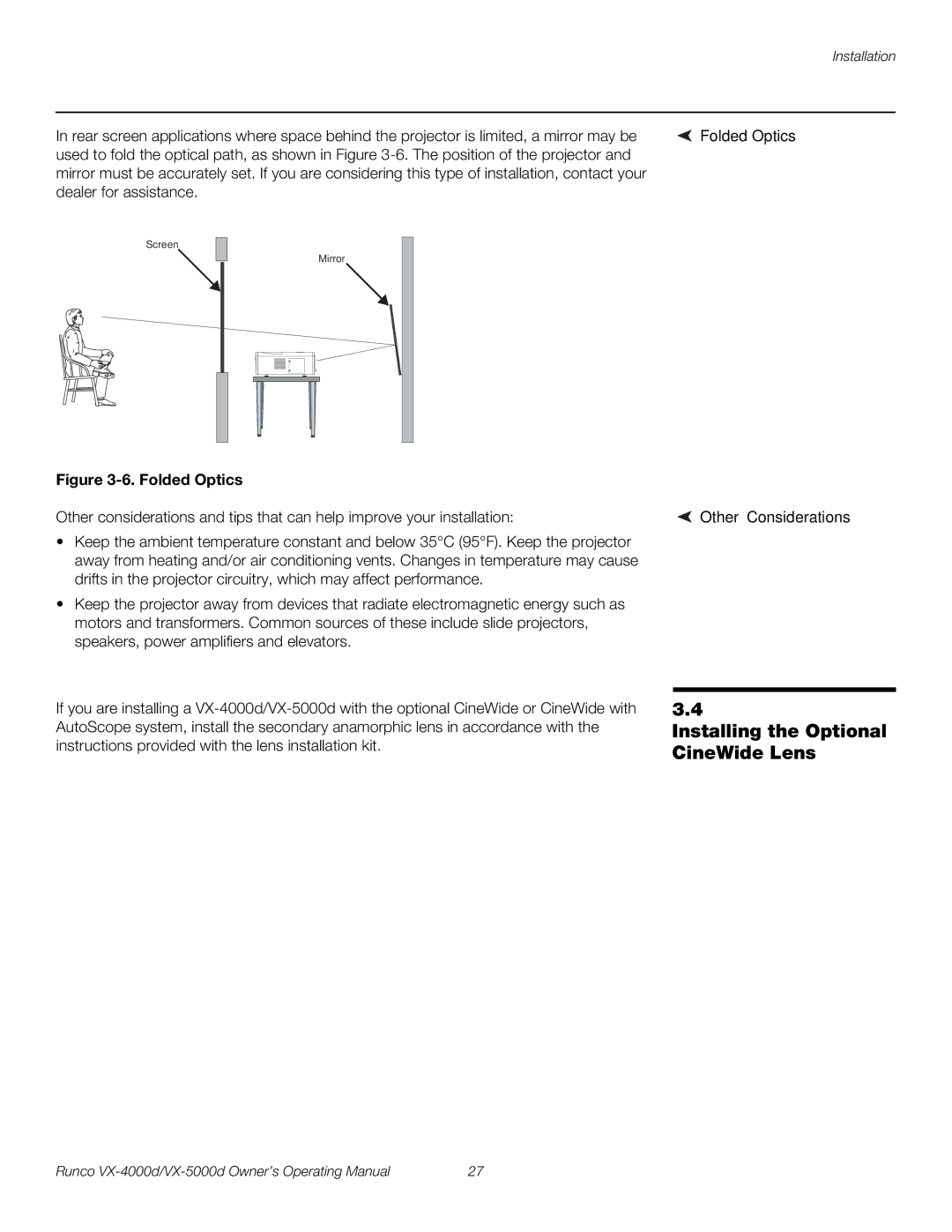 Runco VX-5000d, VX-4000d manual Installing the Optional CineWide Lens, Folded Optics Other Considerations 