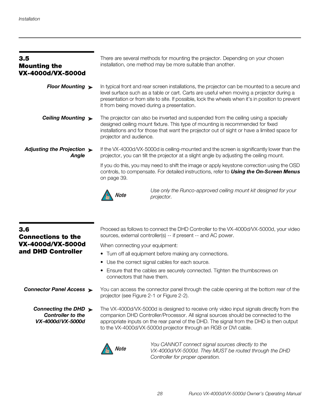 Runco manual Mounting, Connections to the VX-4000d/VX-5000d and DHD Controller 