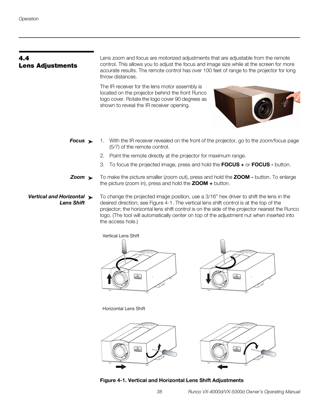 Runco VX-4000d, VX-5000d manual Lens Adjustments, Focus, Zoom 