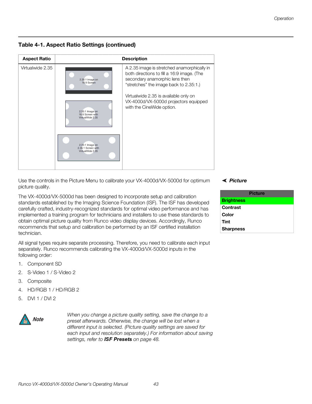 Runco VX-5000d, VX-4000d manual Picture Brightness Contrast Color Tint Sharpness 