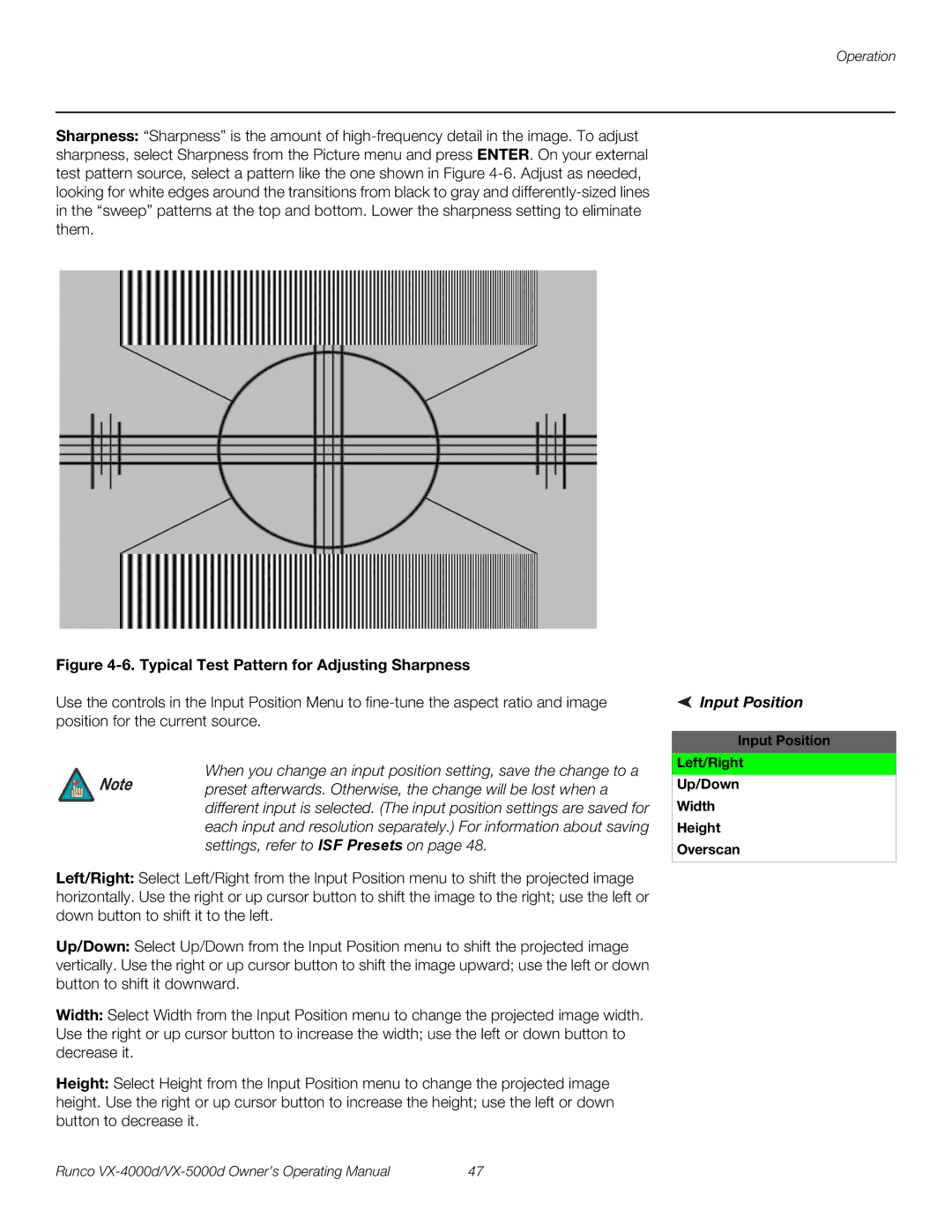 Runco VX-5000d, VX-4000d manual Input Position Left/Right Up/Down Width Height Overscan 