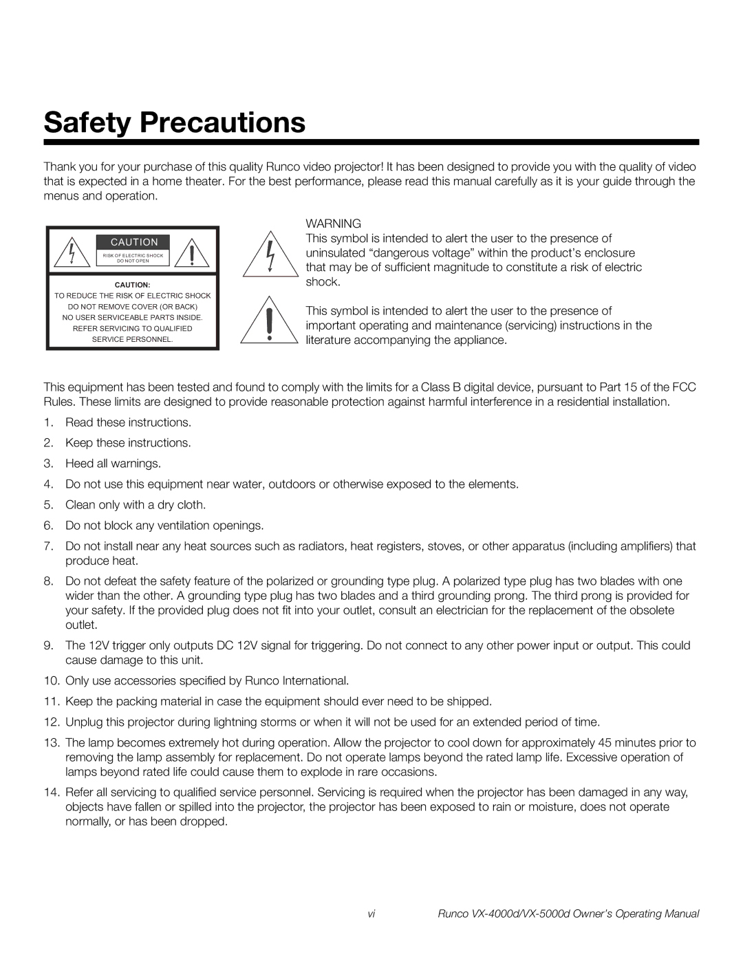 Runco VX-4000d, VX-5000d manual Safety Precautions 