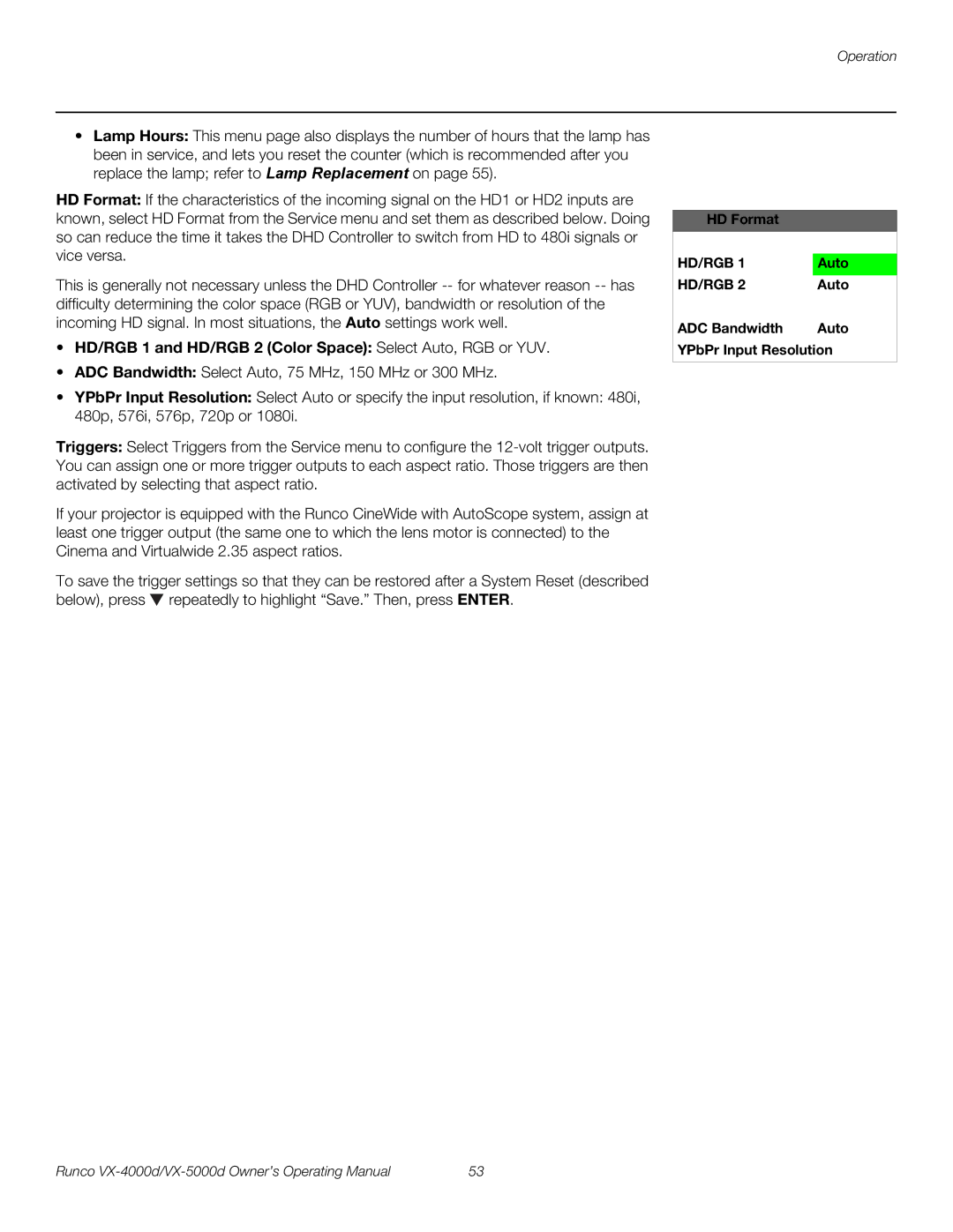 Runco VX-5000d manual HD/RGB 1 and HD/RGB 2 Color Space Select Auto, RGB or YUV, ADC Bandwidth Auto YPbPr Input Resolution 