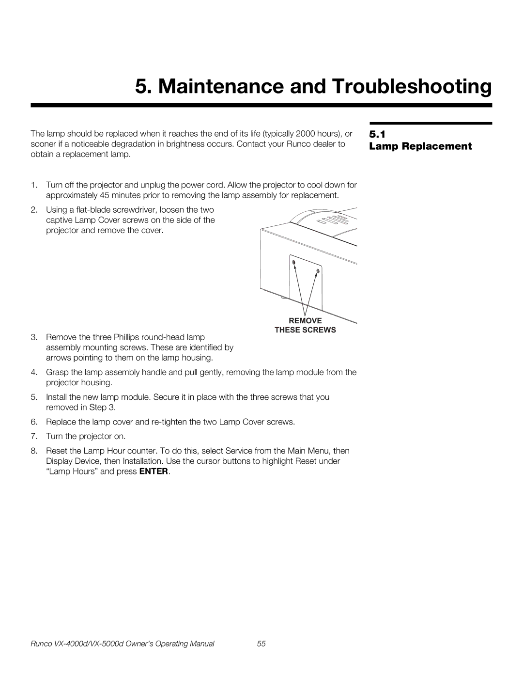 Runco VX-5000d, VX-4000d manual Maintenance and Troubleshooting, Lamp Replacement 