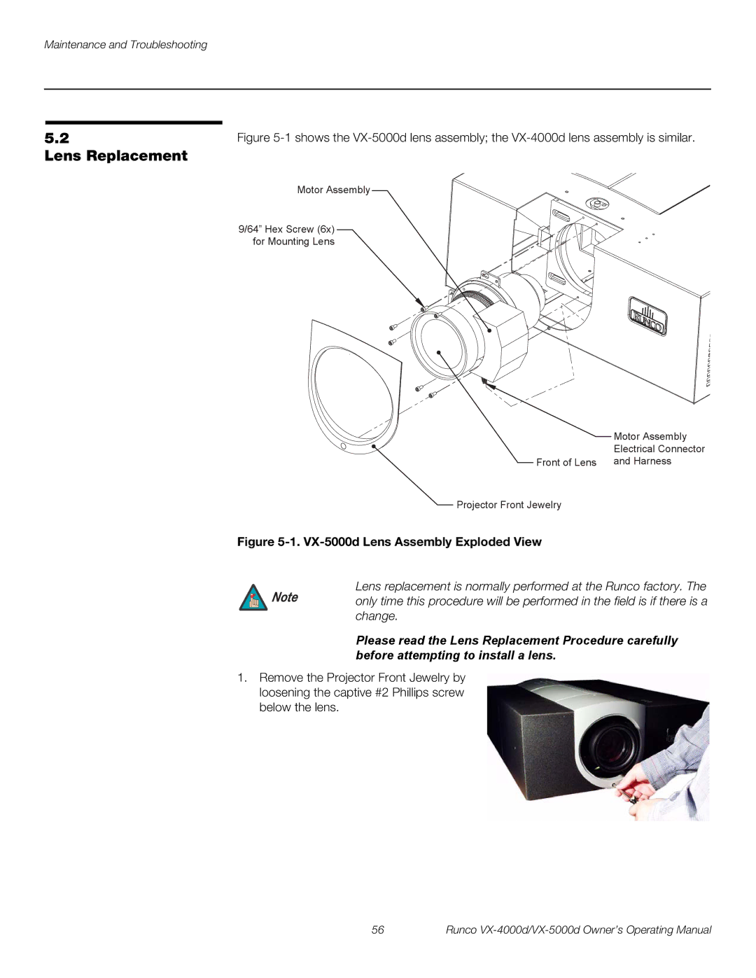 Runco VX-4000d manual Lens Replacement, VX-5000d Lens Assembly Exploded View 