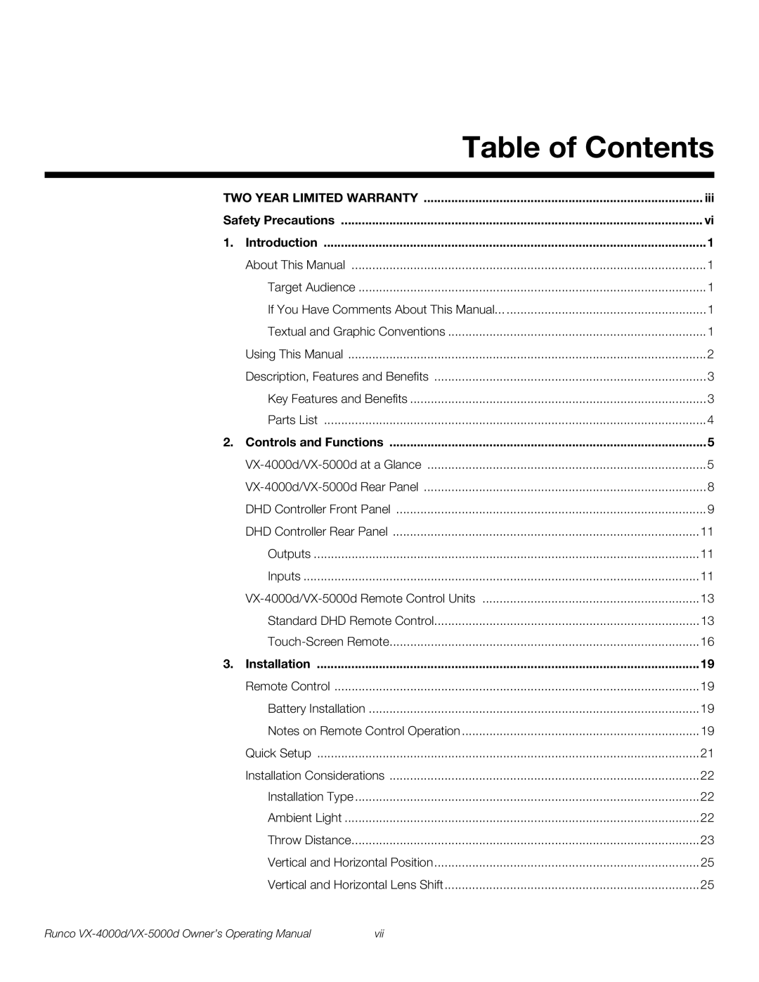 Runco VX-5000d, VX-4000d manual Table of Contents 