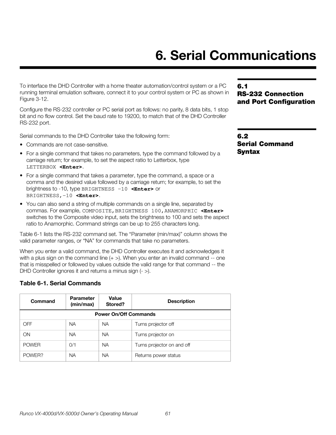 Runco VX-5000d Serial Communications, RS-232 Connection and Port Configuration, Serial Command Syntax, Serial Commands 