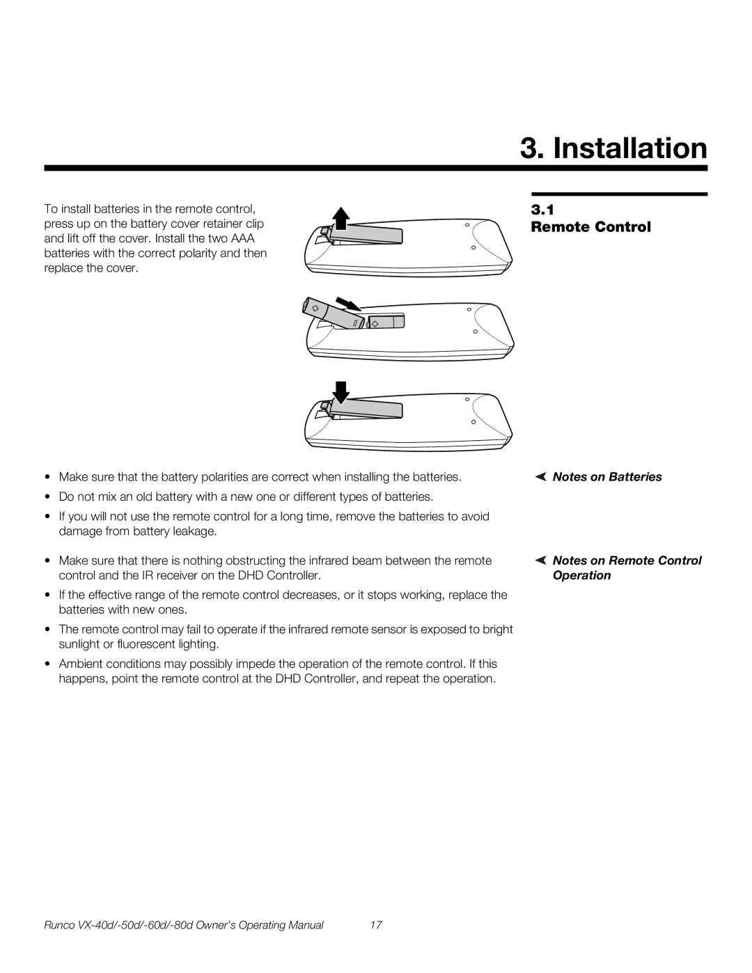 Runco VX-50d, VX-40d, VX-80d, VX-60d manual Installation 