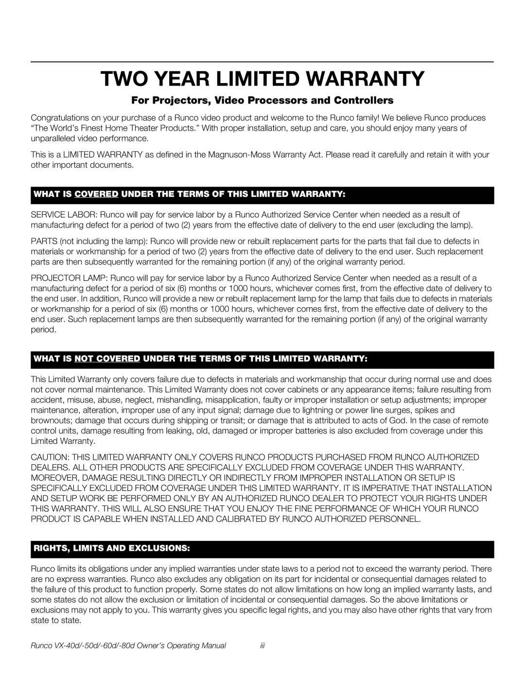 Runco VX-60d, VX-40d, VX-50d, VX-80d manual TWO Year Limited Warranty, For Projectors, Video Processors and Controllers 