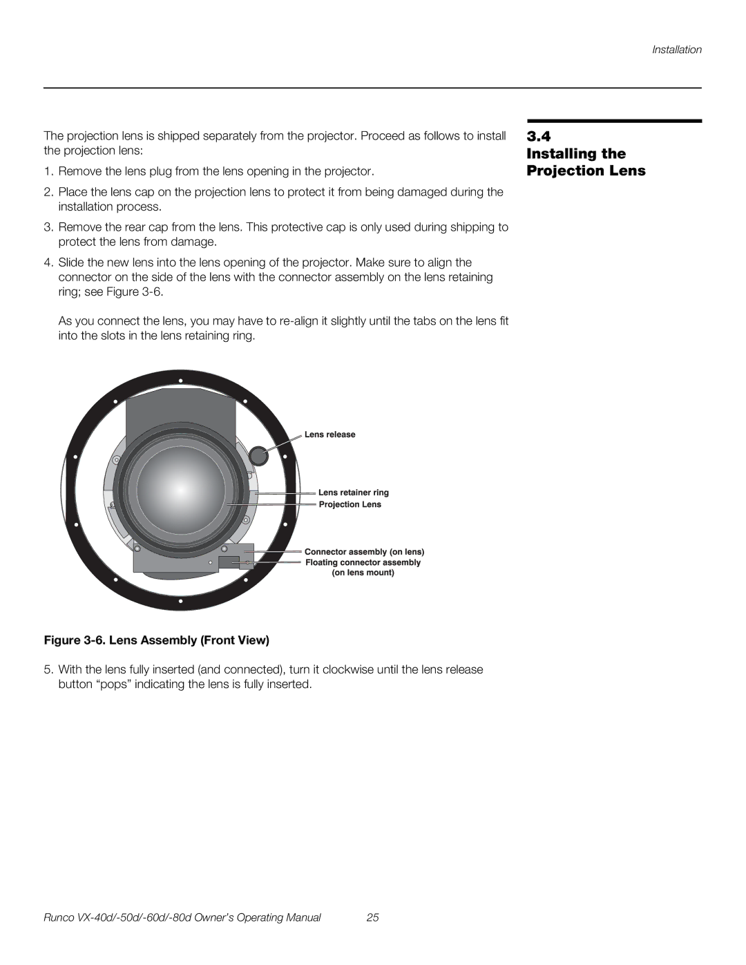 Runco VX-50d, VX-40d, VX-80d, VX-60d manual Installing the Projection Lens, Lens Assembly Front View 