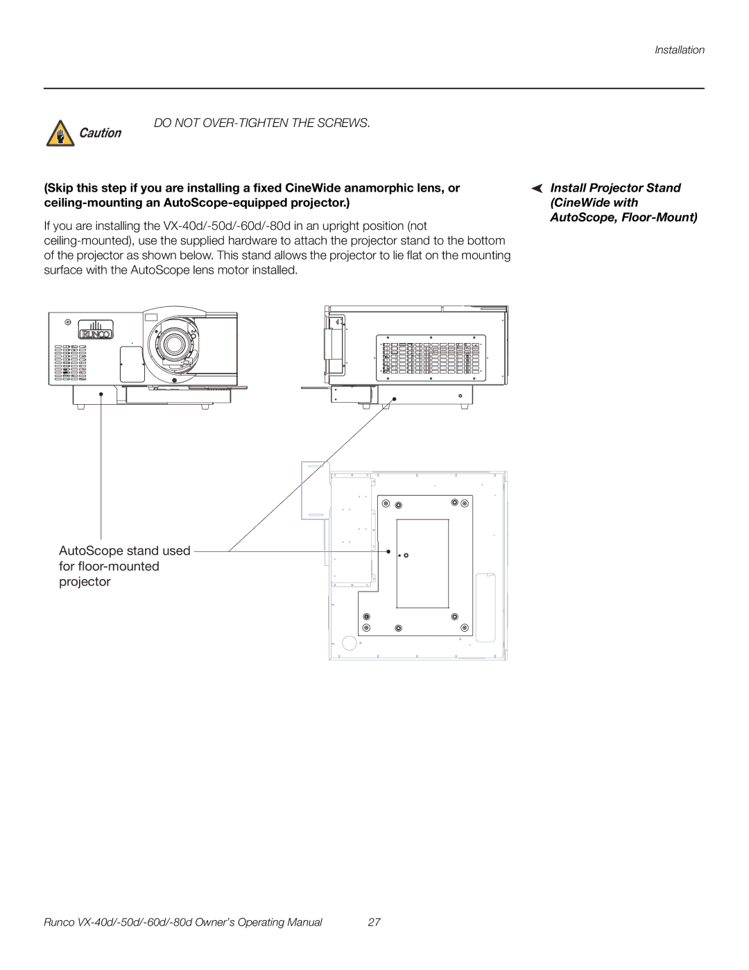 Runco VX-60d, VX-40d, VX-50d, VX-80d manual AutoScope stand used for floor-mounted projector 