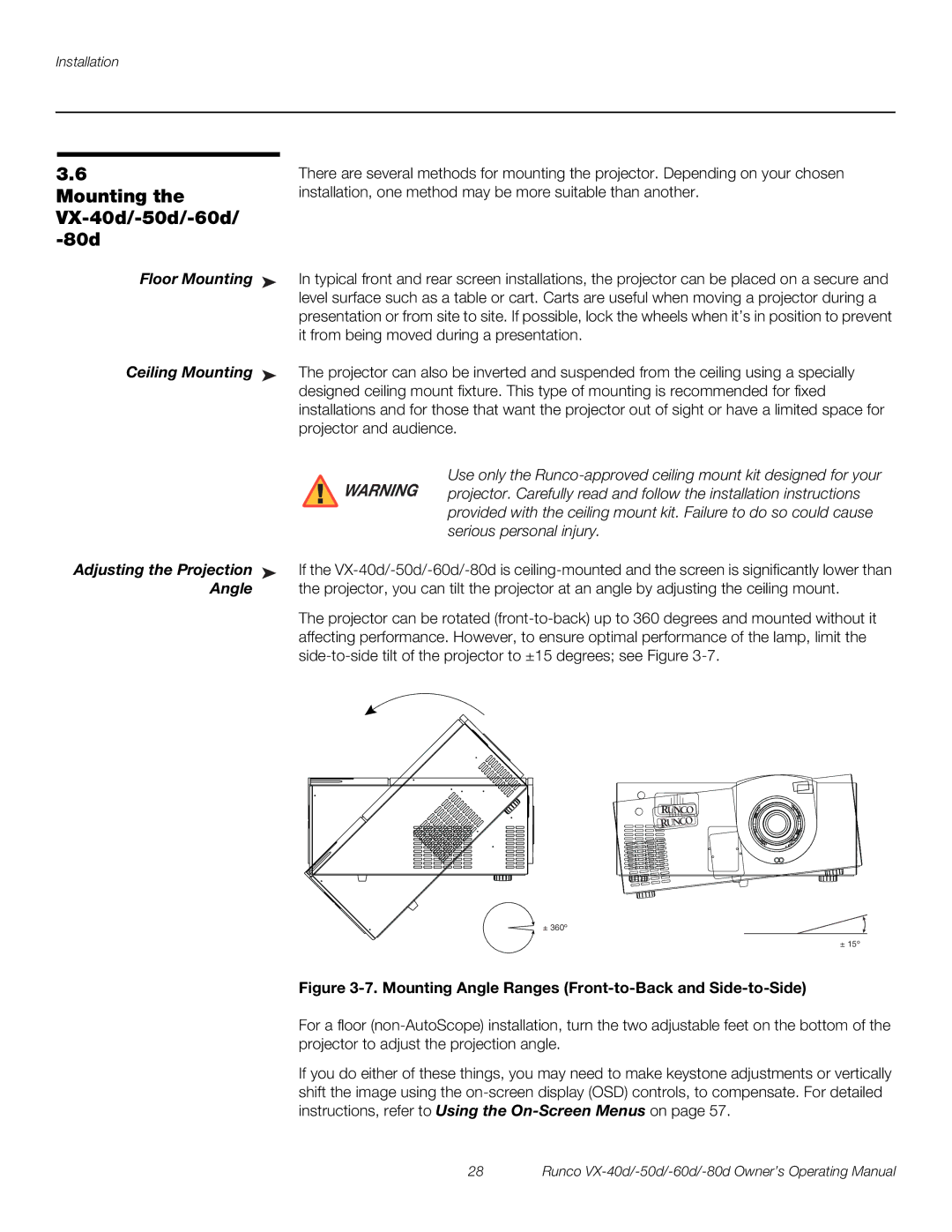 Runco VX-50d, VX-80d Mounting VX-40d/-50d/-60d/ -80d, Floor Mounting, Ceiling Mounting, Adjusting the Projection, Angle 