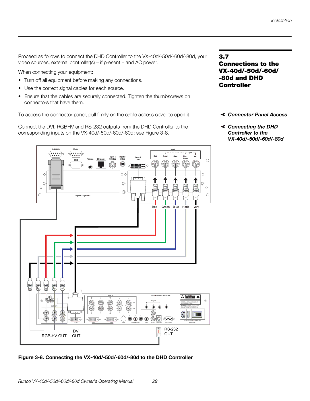 Runco VX-50d, VX-80d, VX-60d manual Connector Panel Access, Connecting the DHD Controller to VX-40d/-50d/-60d/-80d 