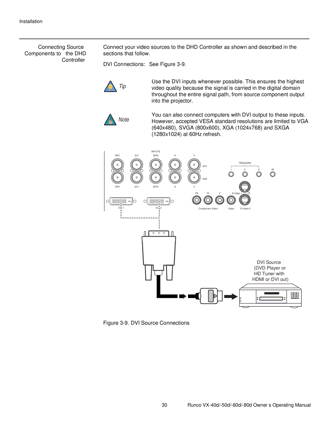 Runco VX-80d, VX-40d, VX-50d, VX-60d manual Connecting Source 