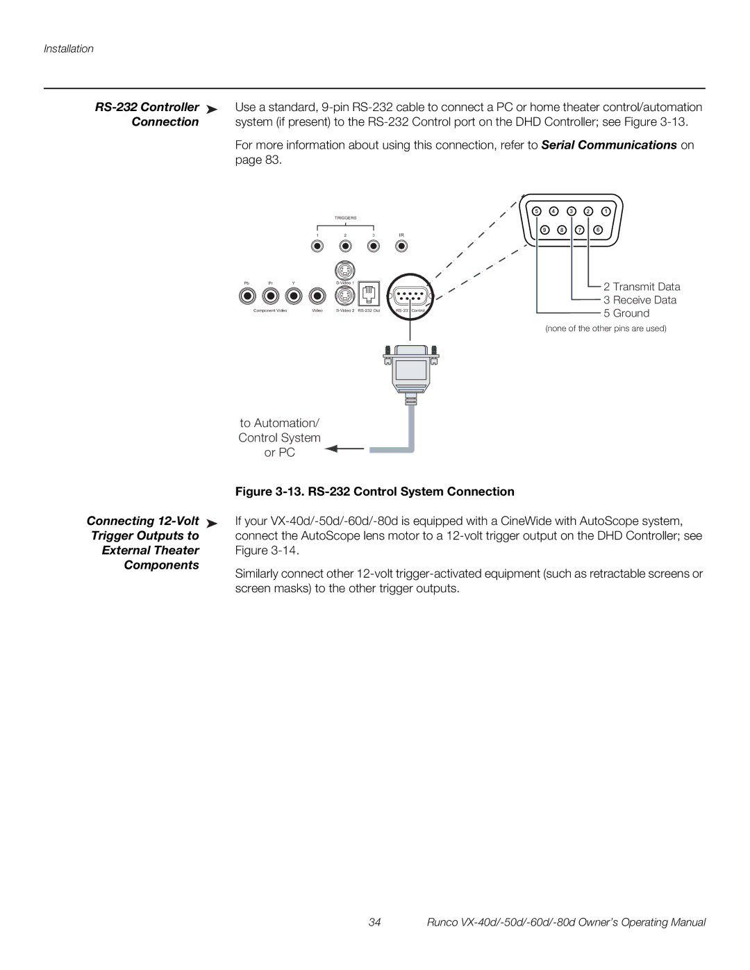 Runco VX-80d, VX-40d RS-232 Controller, Connection, Connecting 12-Volt, Trigger Outputs to, External Theater Components 