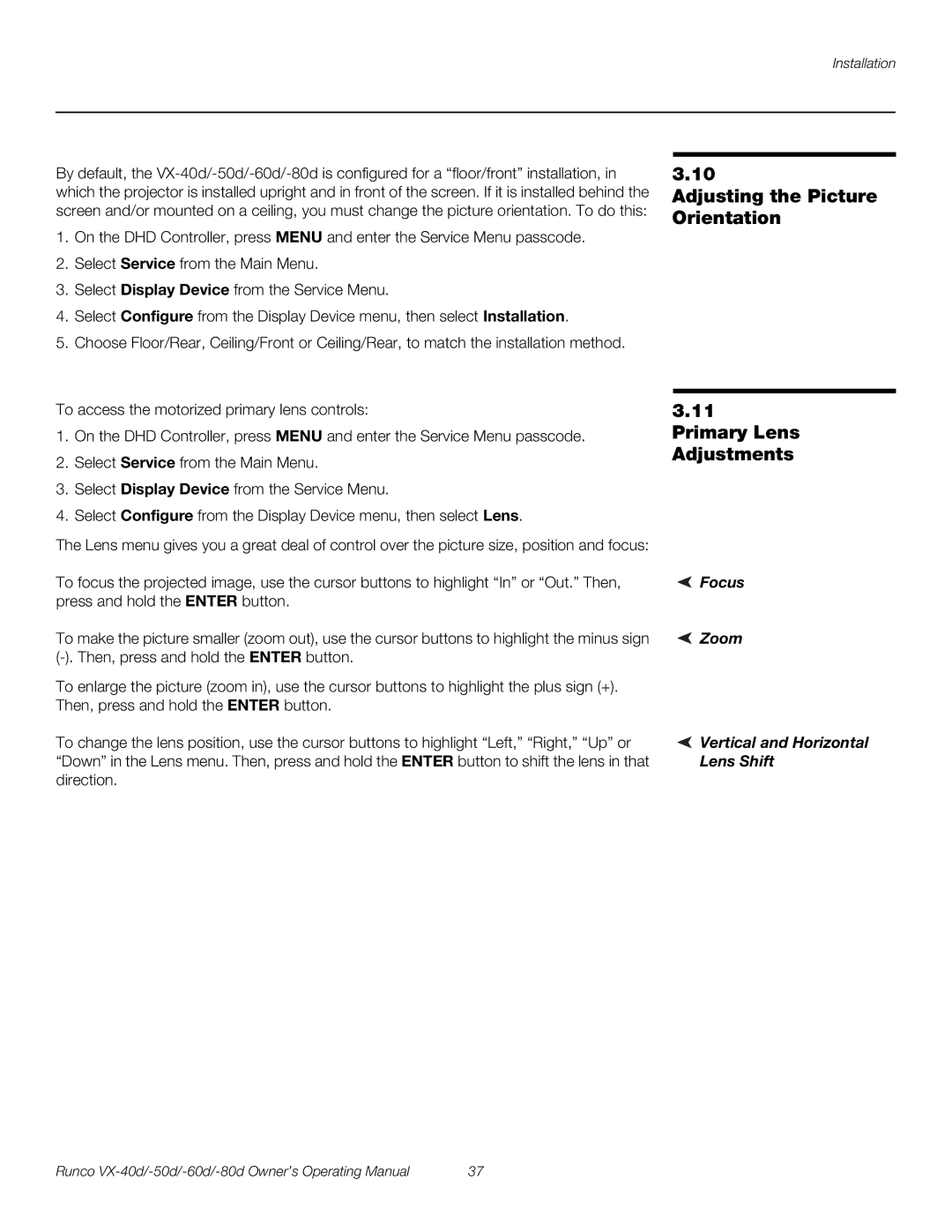 Runco VX-50d Adjusting the Picture Orientation Primary Lens Adjustments, Focus Zoom Vertical and Horizontal Lens Shift 