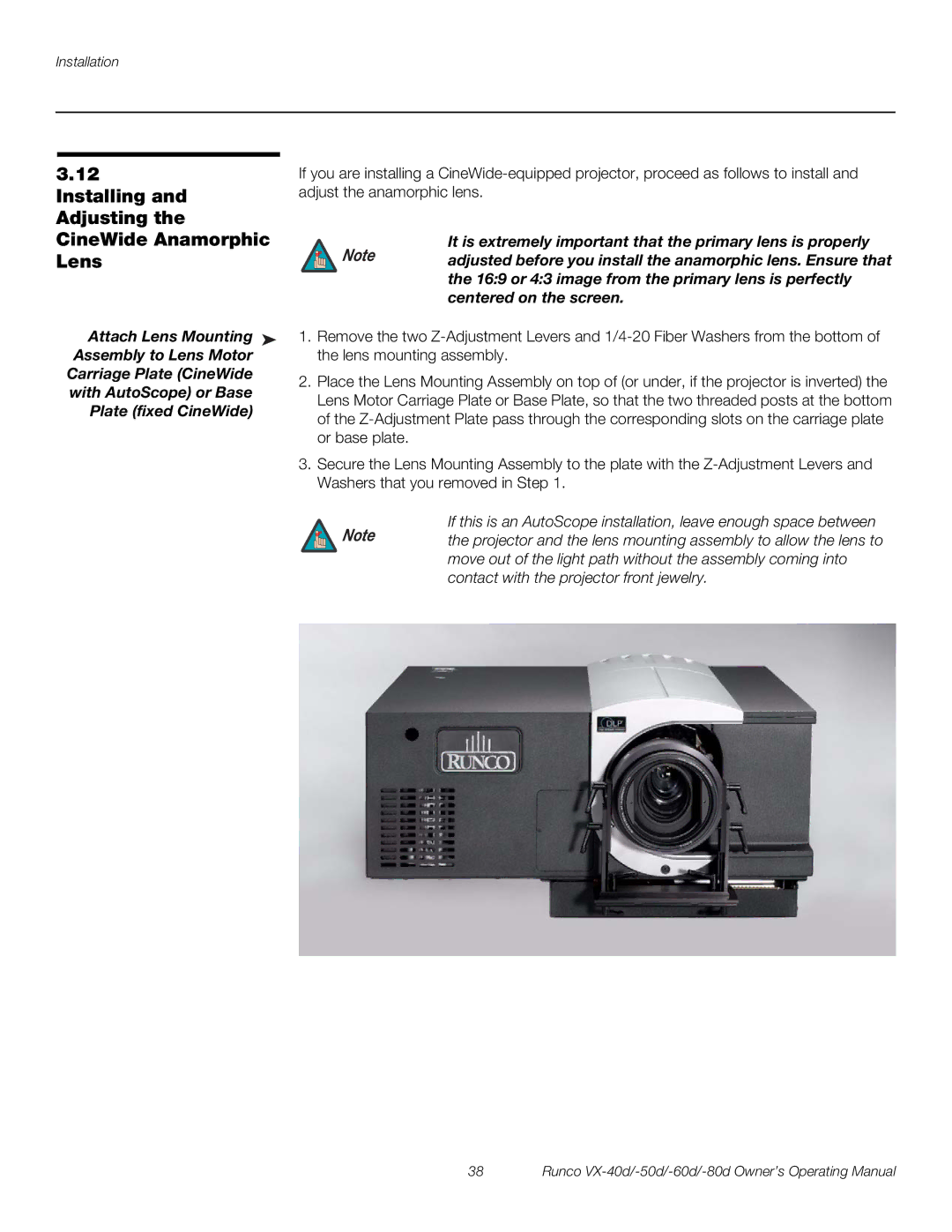 Runco VX-80d manual Installing and Adjusting the CineWide Anamorphic Lens, Assembly to Lens Motor, Carriage Plate CineWide 