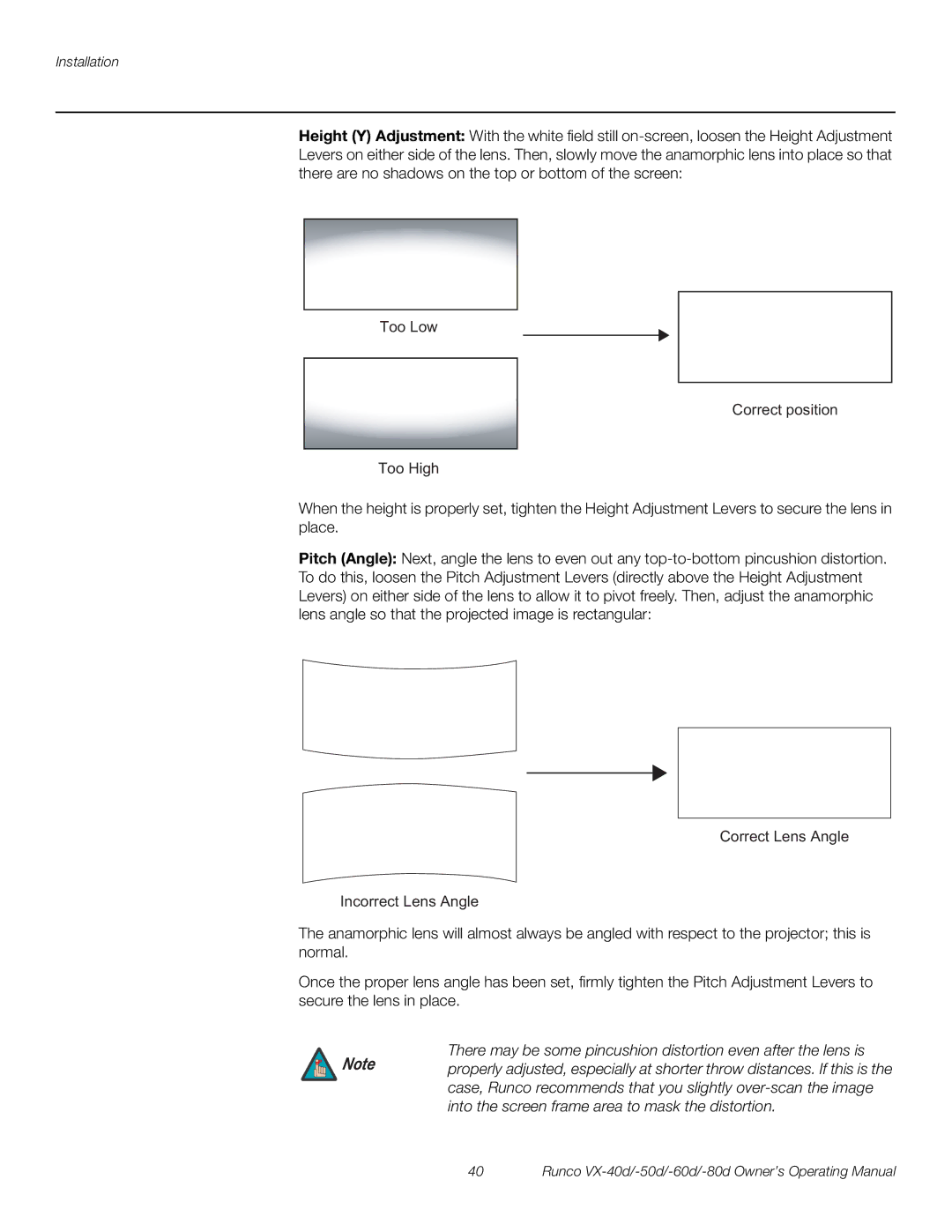 Runco VX-40d, VX-50d, VX-80d, VX-60d manual Too Low Correct position Too High 