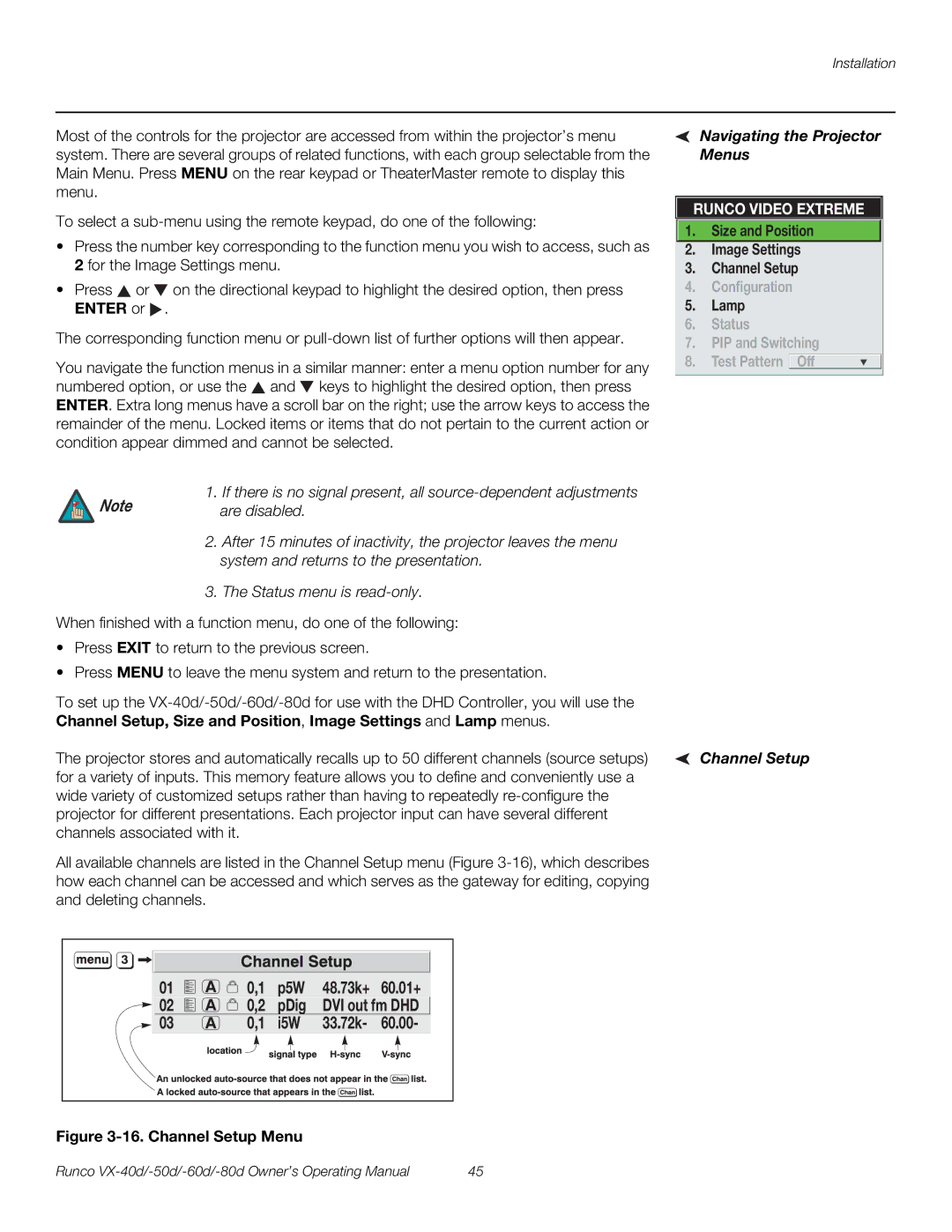 Runco VX-50d, VX-40d, VX-80d, VX-60d manual Navigating the Projector Menus, Are disabled, Channel Setup 
