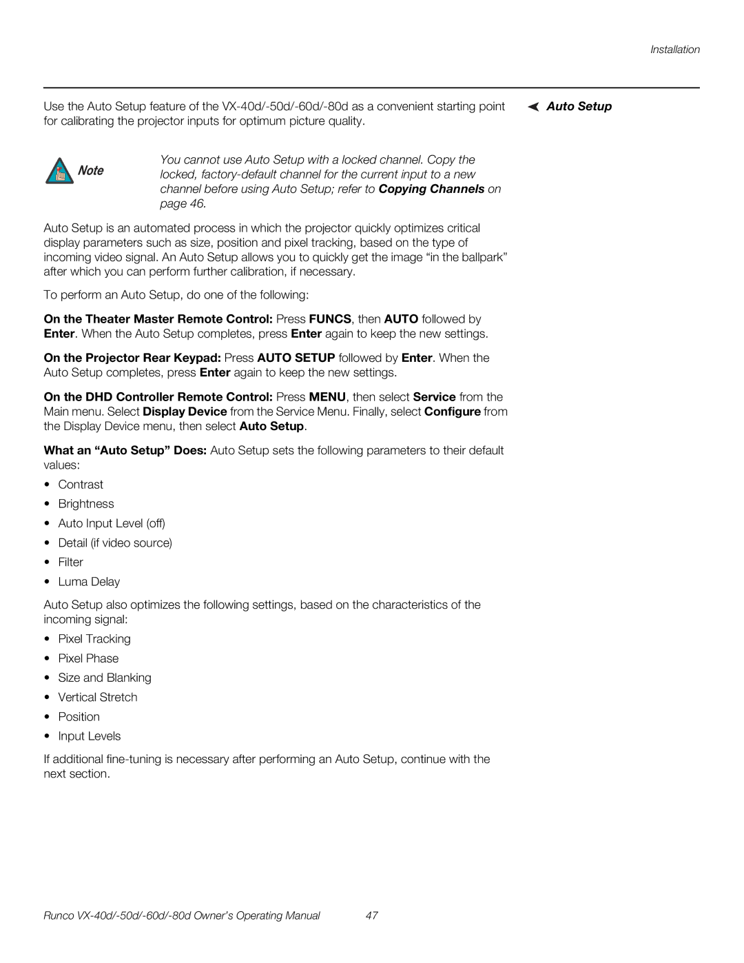 Runco VX-60d, VX-40d, VX-50d, VX-80d manual You cannot use Auto Setup with a locked channel. Copy 