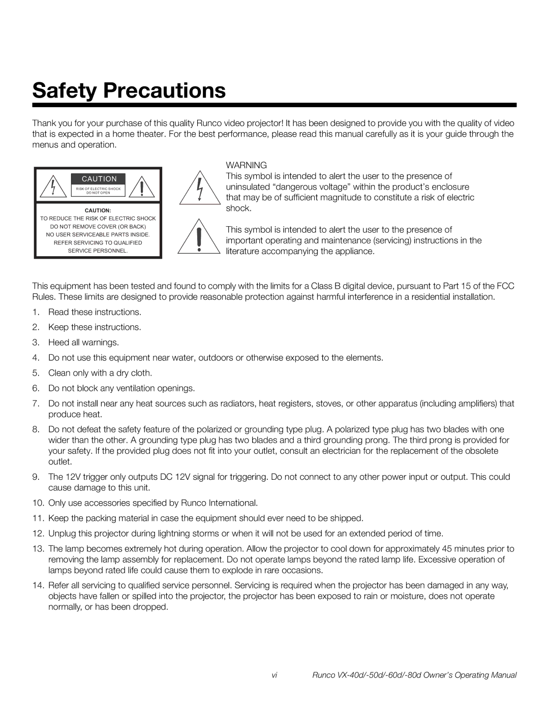 Runco VX-80d, VX-40d, VX-50d, VX-60d manual Safety Precautions 