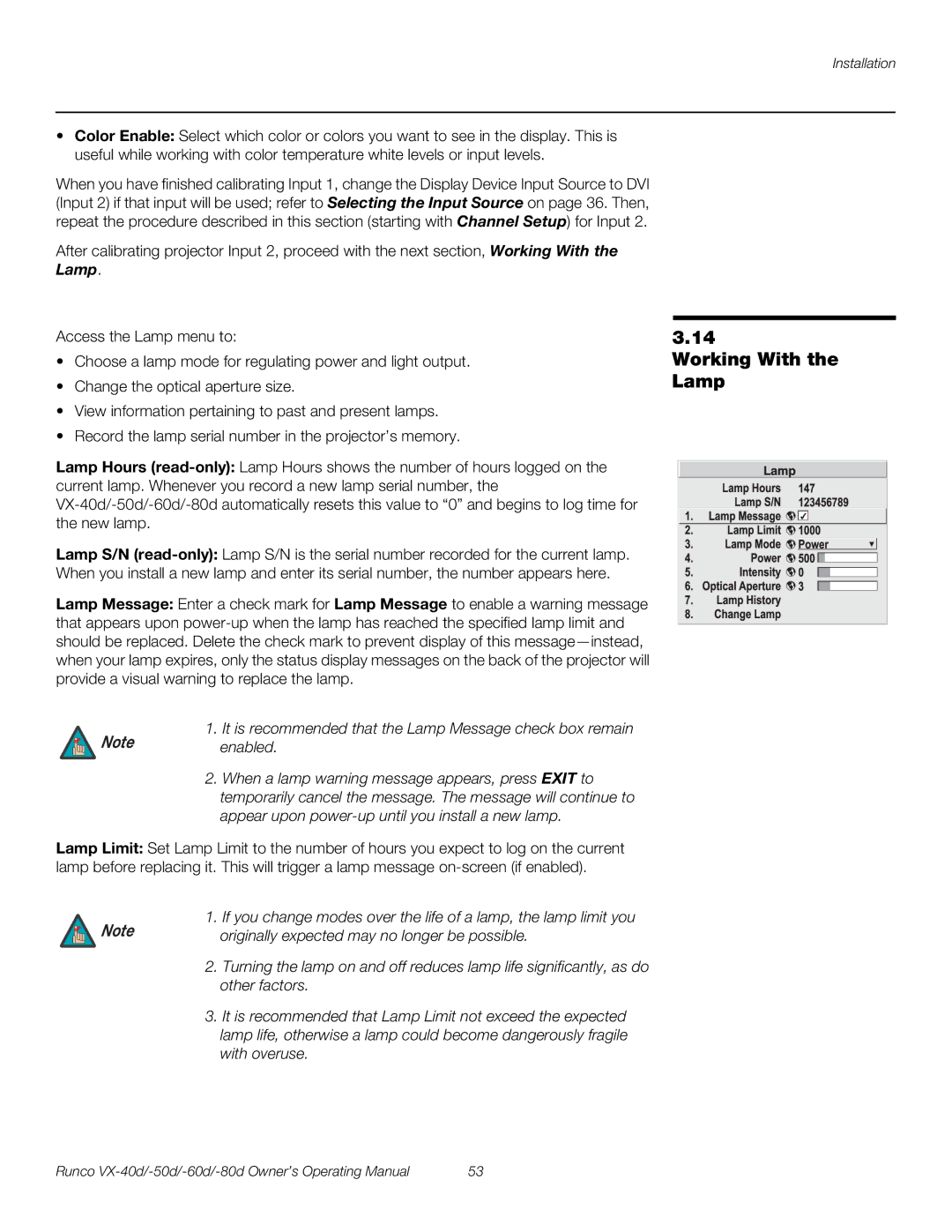 Runco VX-50d, VX-40d, VX-80d, VX-60d manual Working With the Lamp, Originally expected may no longer be possible 