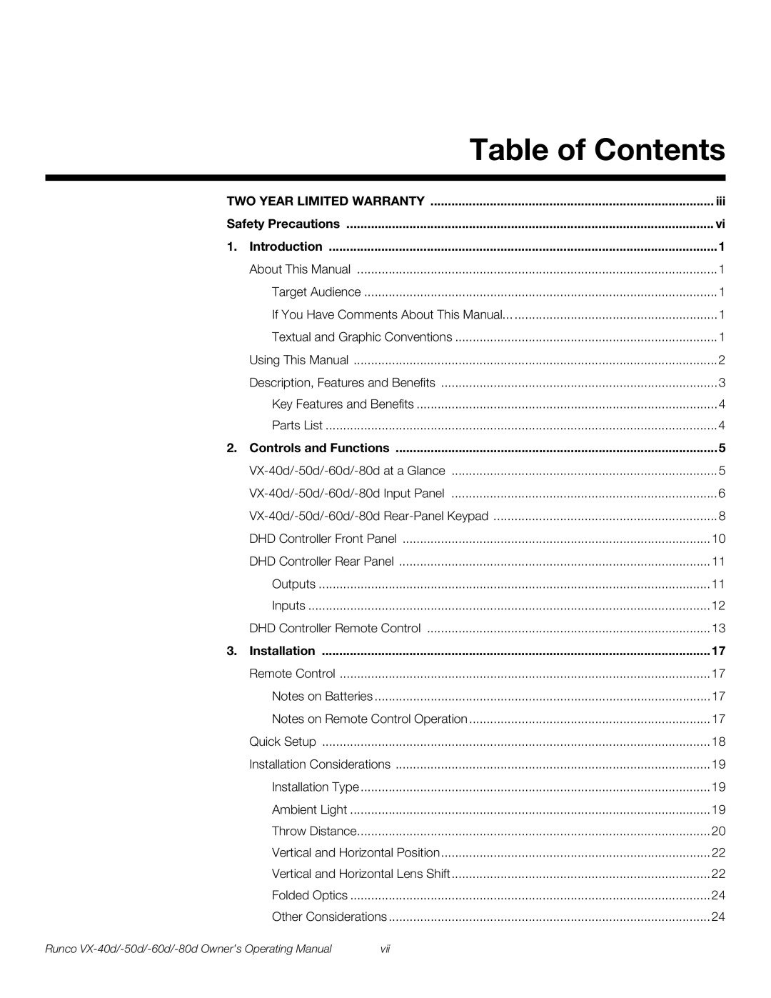 Runco VX-60d, VX-40d, VX-50d, VX-80d manual Table of Contents 