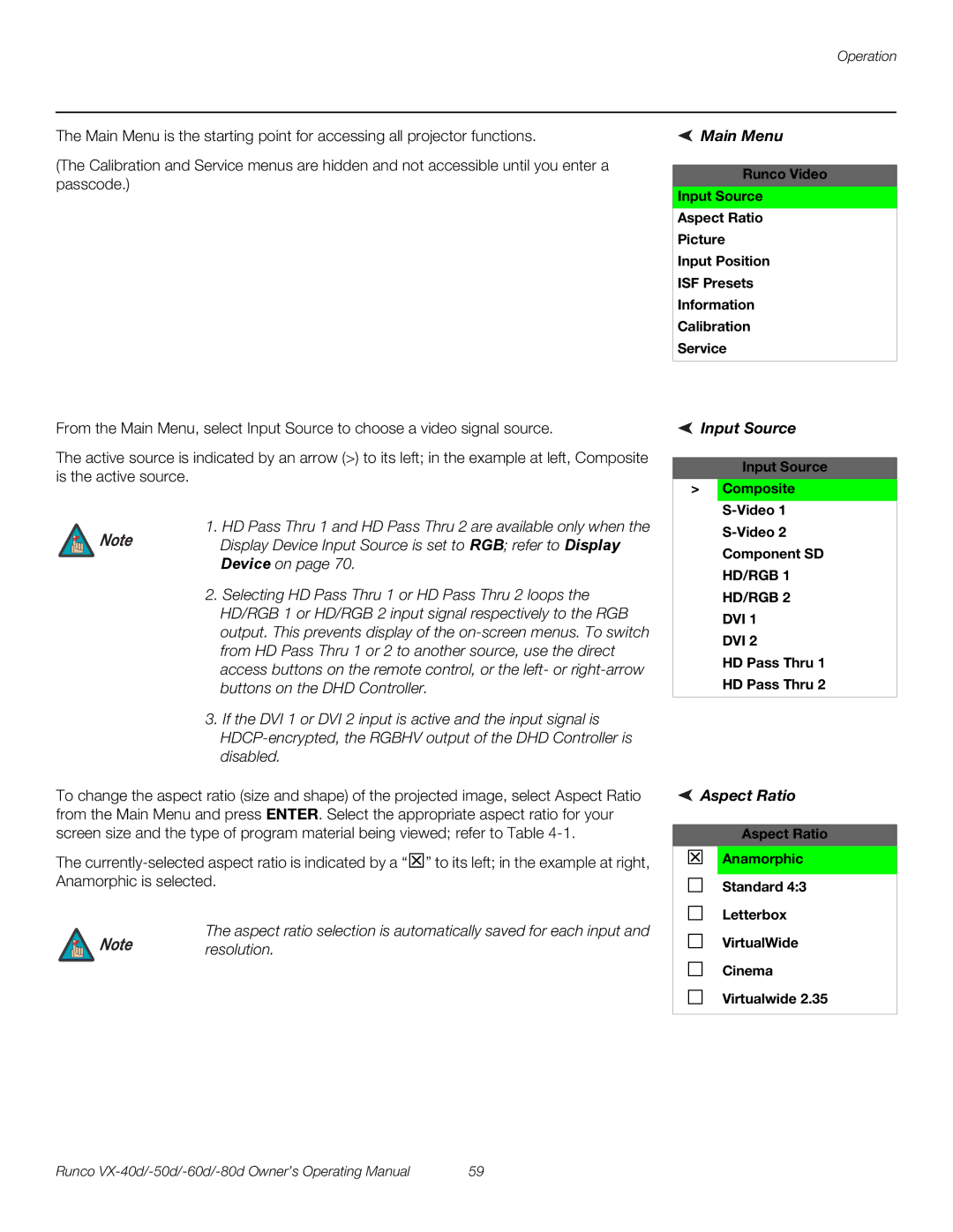 Runco VX-60d, VX-40d, VX-50d, VX-80d manual Main Menu, Input Source, Aspect Ratio, HD Pass Thru 1 HD Pass Thru 