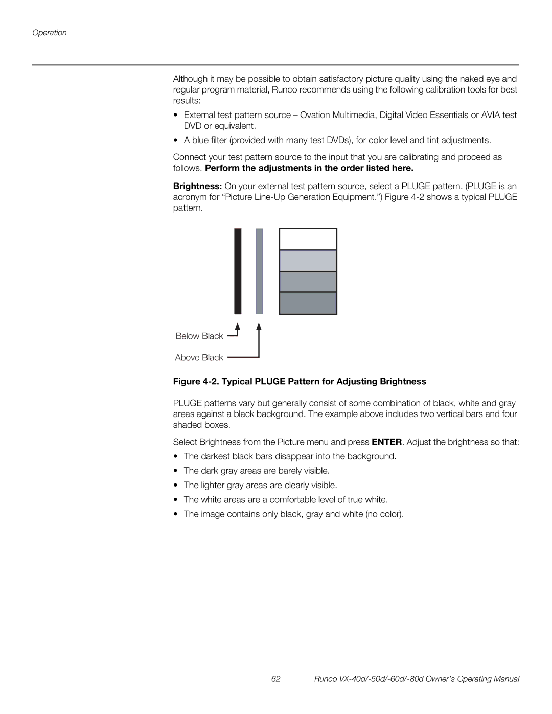 Runco VX-80d, VX-40d, VX-50d, VX-60d manual Typical Pluge Pattern for Adjusting Brightness 