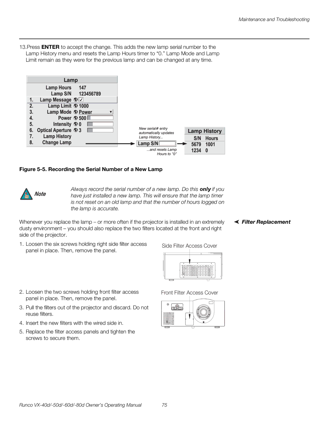 Runco VX-60d, VX-40d, VX-50d, VX-80d manual Recording the Serial Number of a New Lamp, Lamp is accurate 