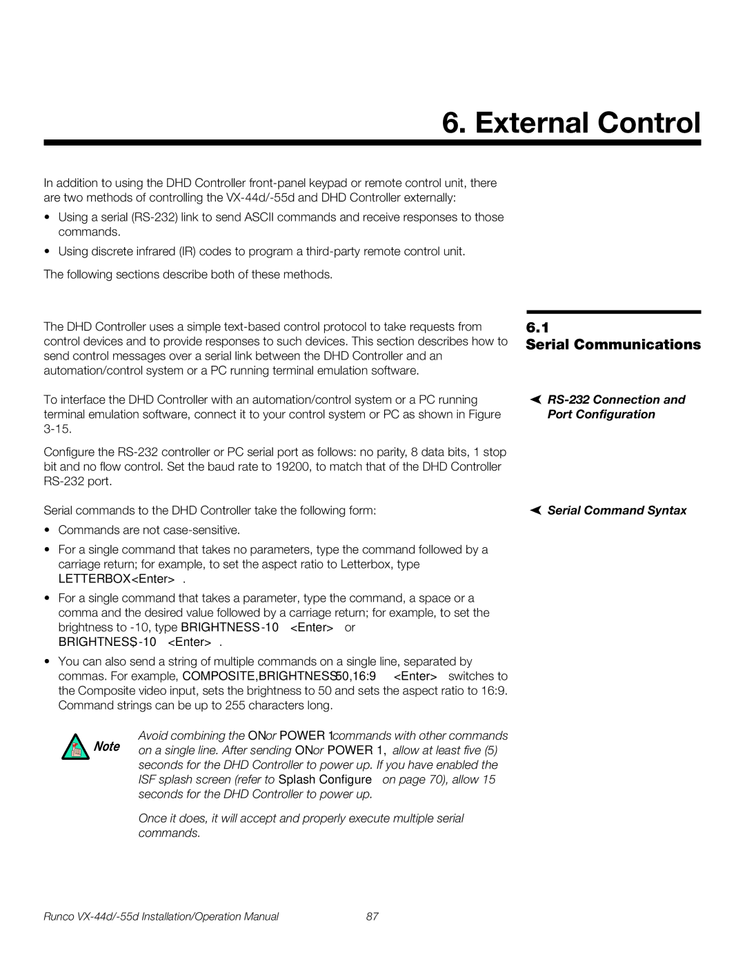 Runco VX-55D, VX-44D External Control, Serial Communications, RS-232 Connection, Port Configuration, Serial Command Syntax 