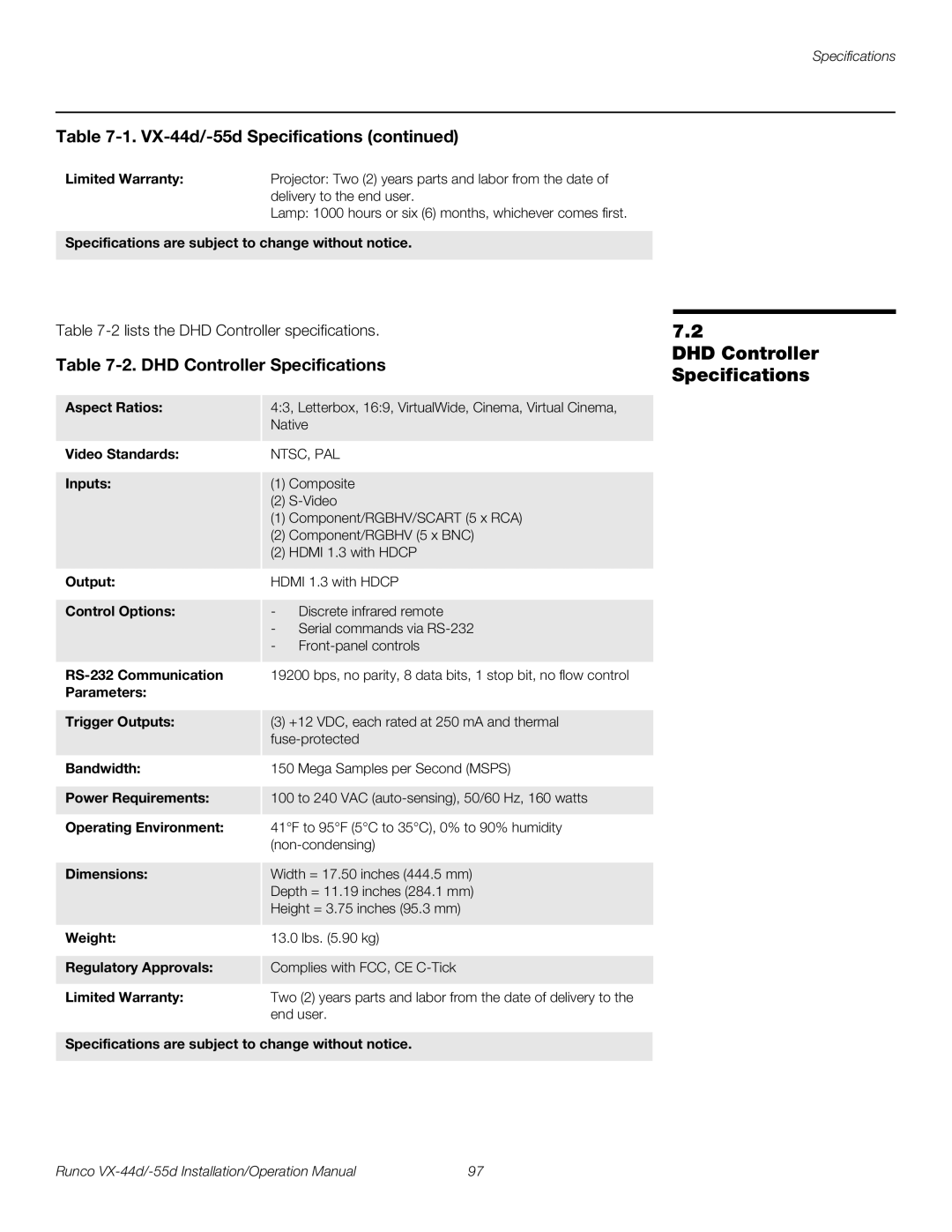 Runco VX-55D, VX-44D operation manual DHD Controller Specifications 