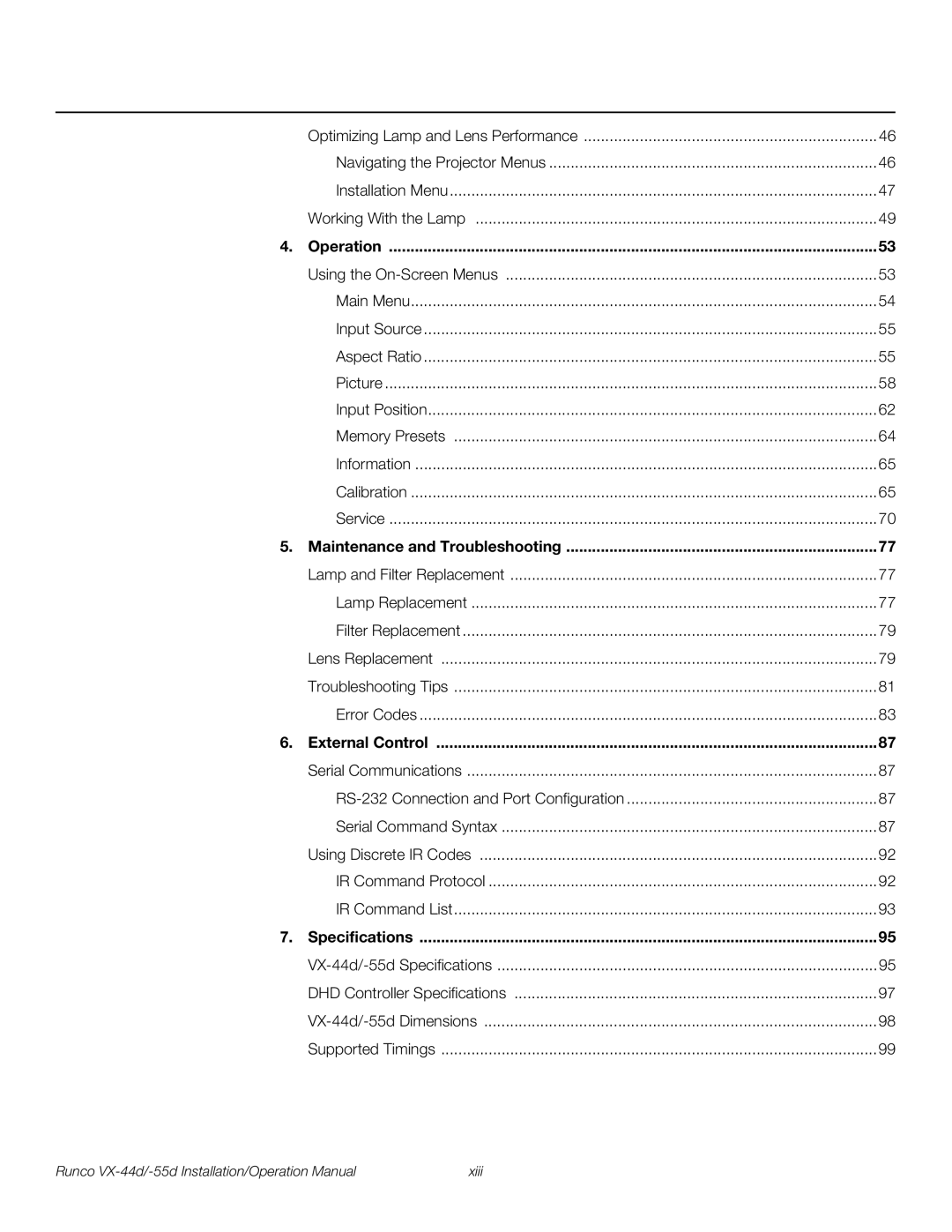 Runco VX-55D, VX-44D operation manual Operation, Maintenance and Troubleshooting, External Control, Specifications 