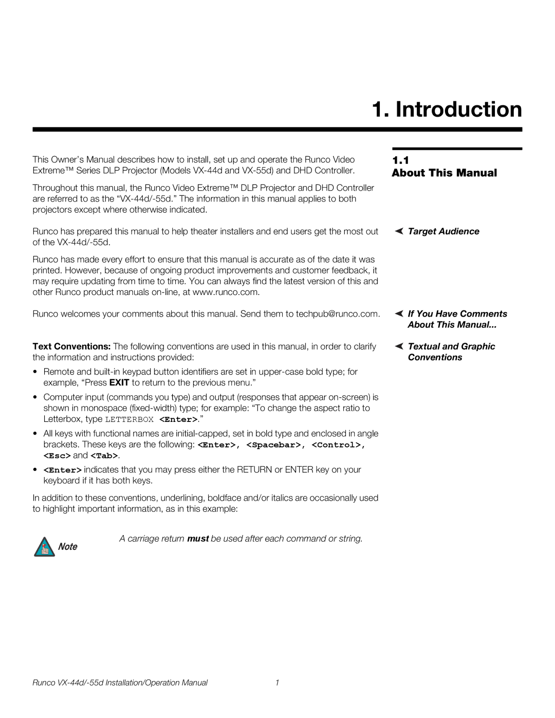 Runco VX-55D, VX-44D operation manual Introduction, About This Manual 