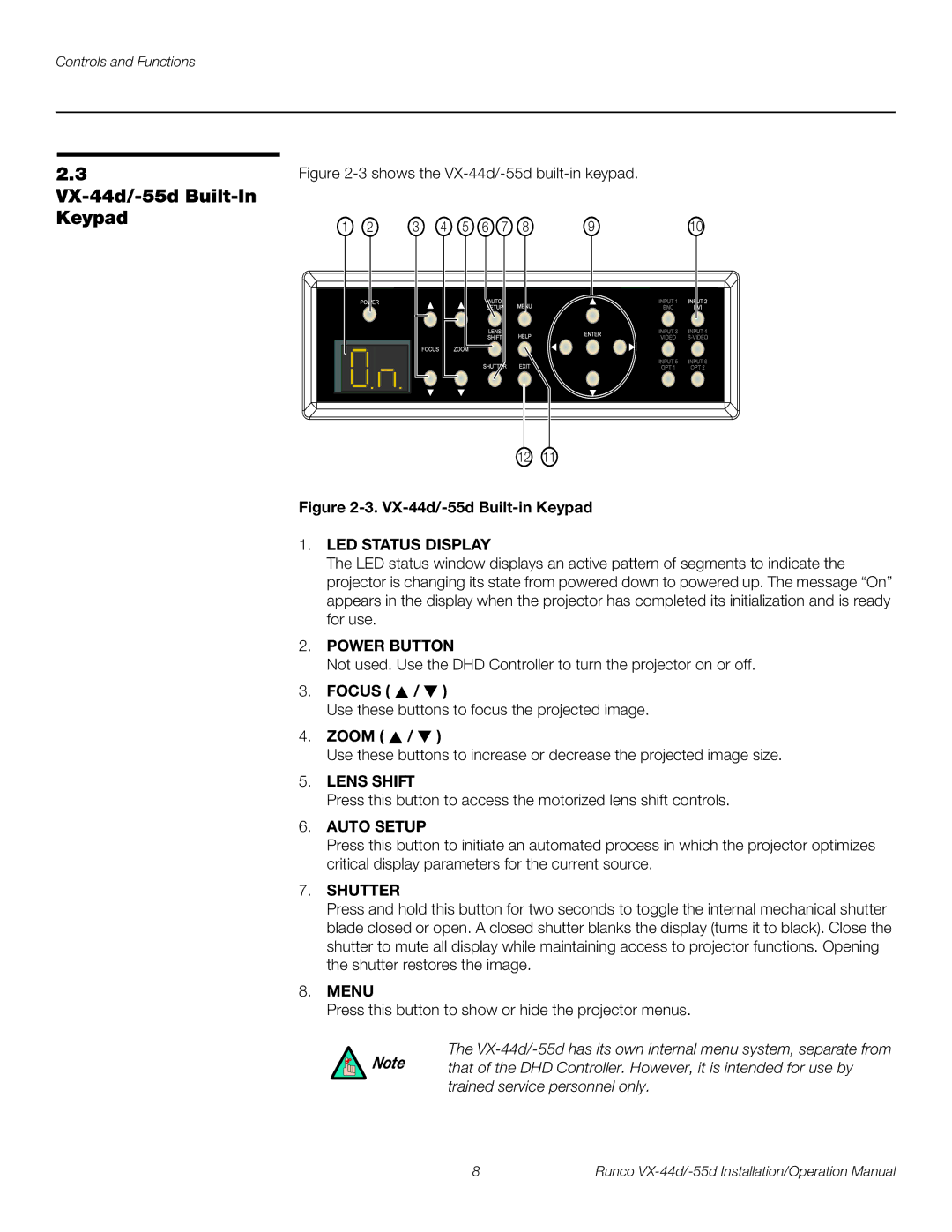 Runco VX-44D, VX-55D operation manual VX-44d/-55d Built-In Keypad 