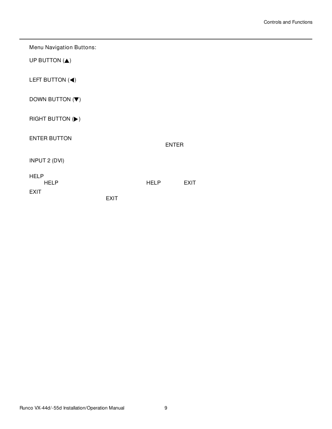 Runco VX-55D, VX-44D operation manual UP Button, Left Button, Down Button, Right Button, Enter Button 