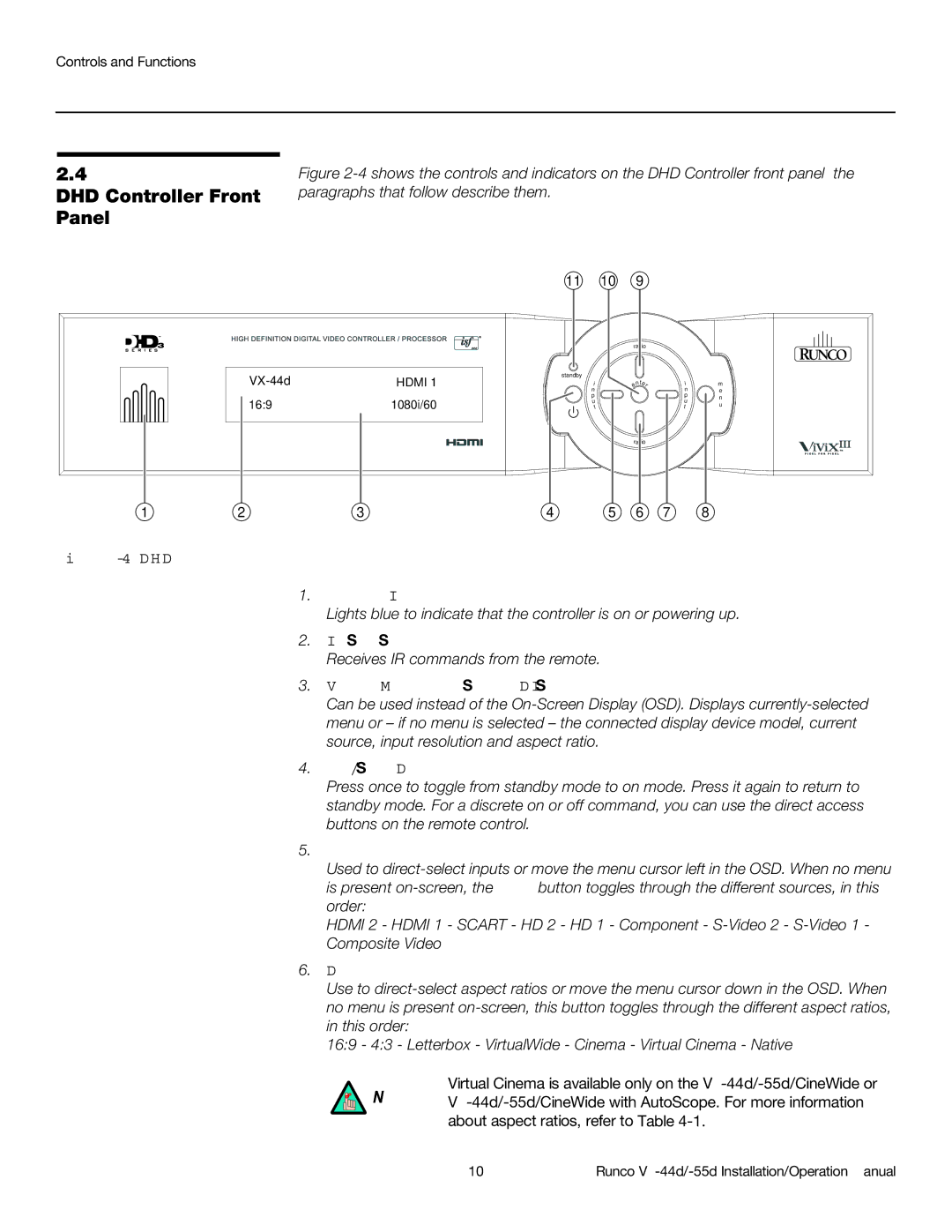 Runco VX-44D, VX-55D DHD Controller Front Panel, Runco Icon, IR Sensor, Vacuum Fluorescent Display, ON/STANDBY Button 