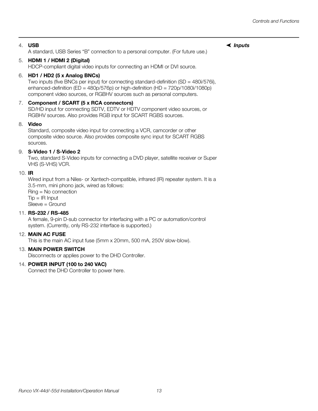 Runco VX-55D, VX-44D operation manual Inputs, Main AC Fuse, Main Power Switch 