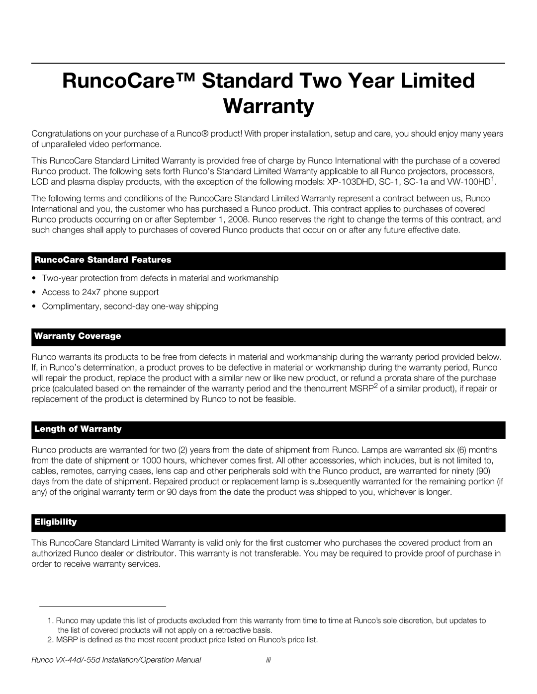 Runco VX-55D, VX-44D operation manual RuncoCare Standard Two Year Limited Warranty, RuncoCare Standard Features 