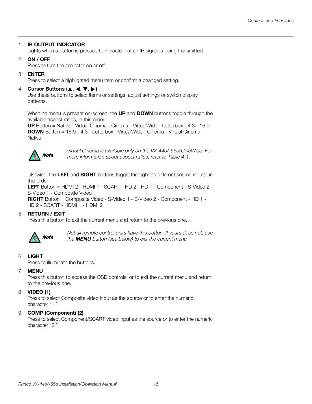 Runco VX-55D, VX-44D operation manual IR Output Indicator, Enter, Return / Exit, Light 