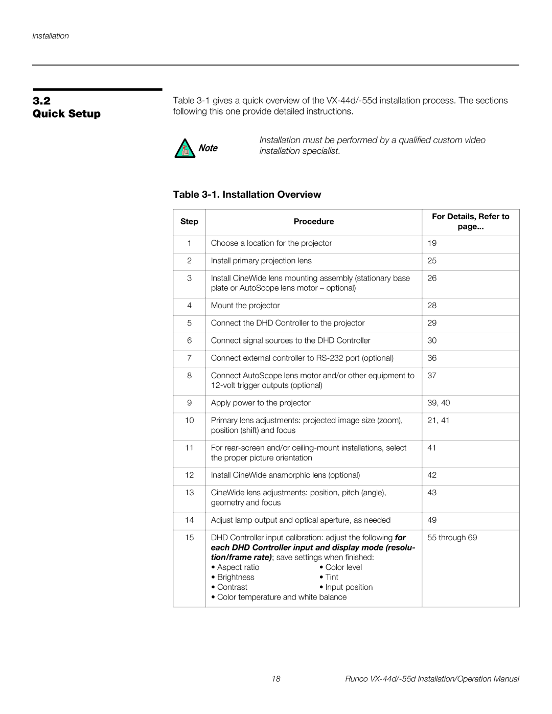 Runco VX-44D, VX-55D Quick Setup, Installation Overview, Installation must be performed by a qualified custom video 