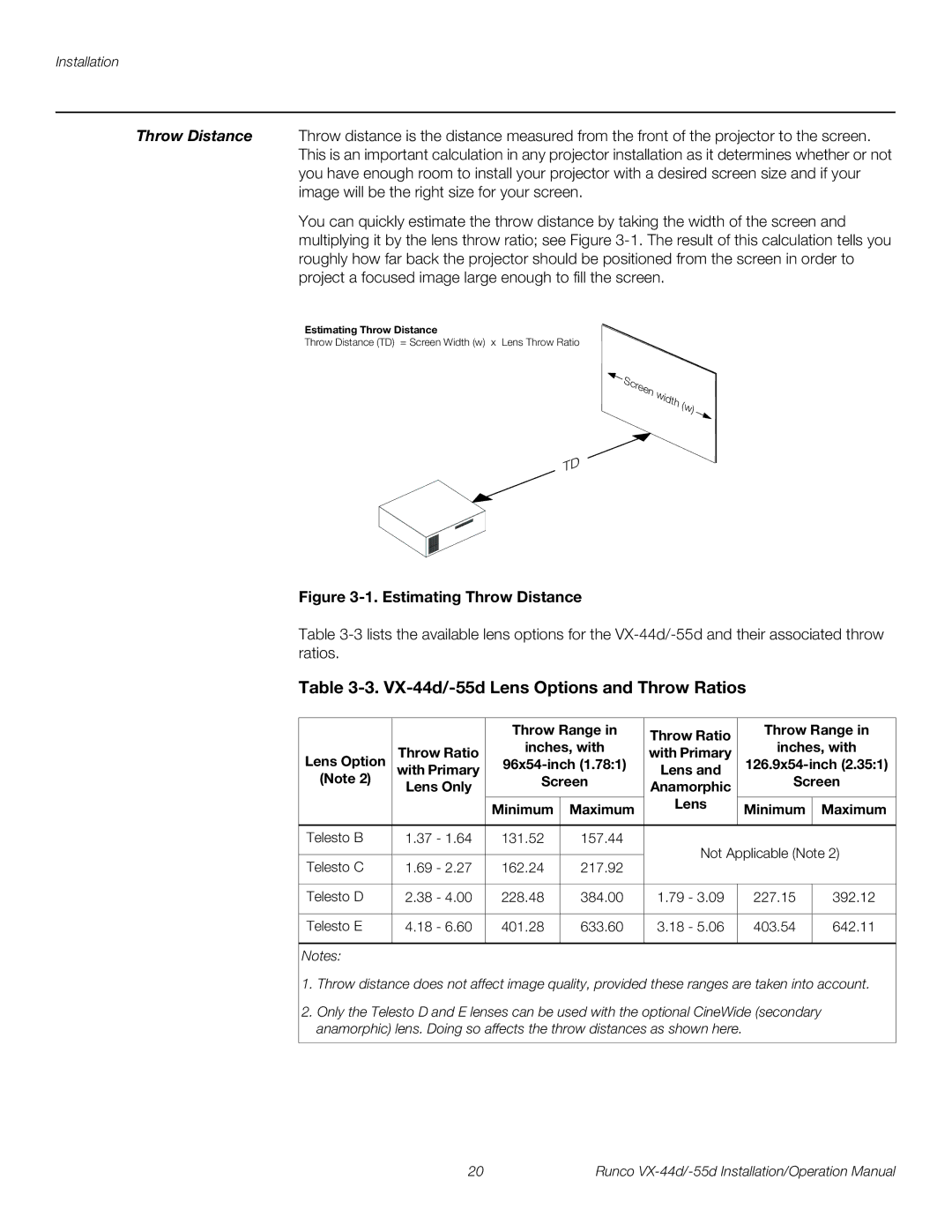 Runco VX-44D, VX-55D operation manual VX-44d/-55d Lens Options and Throw Ratios 