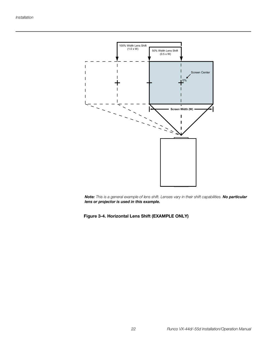 Runco VX-44D, VX-55D operation manual Horizontal Lens Shift Example only 