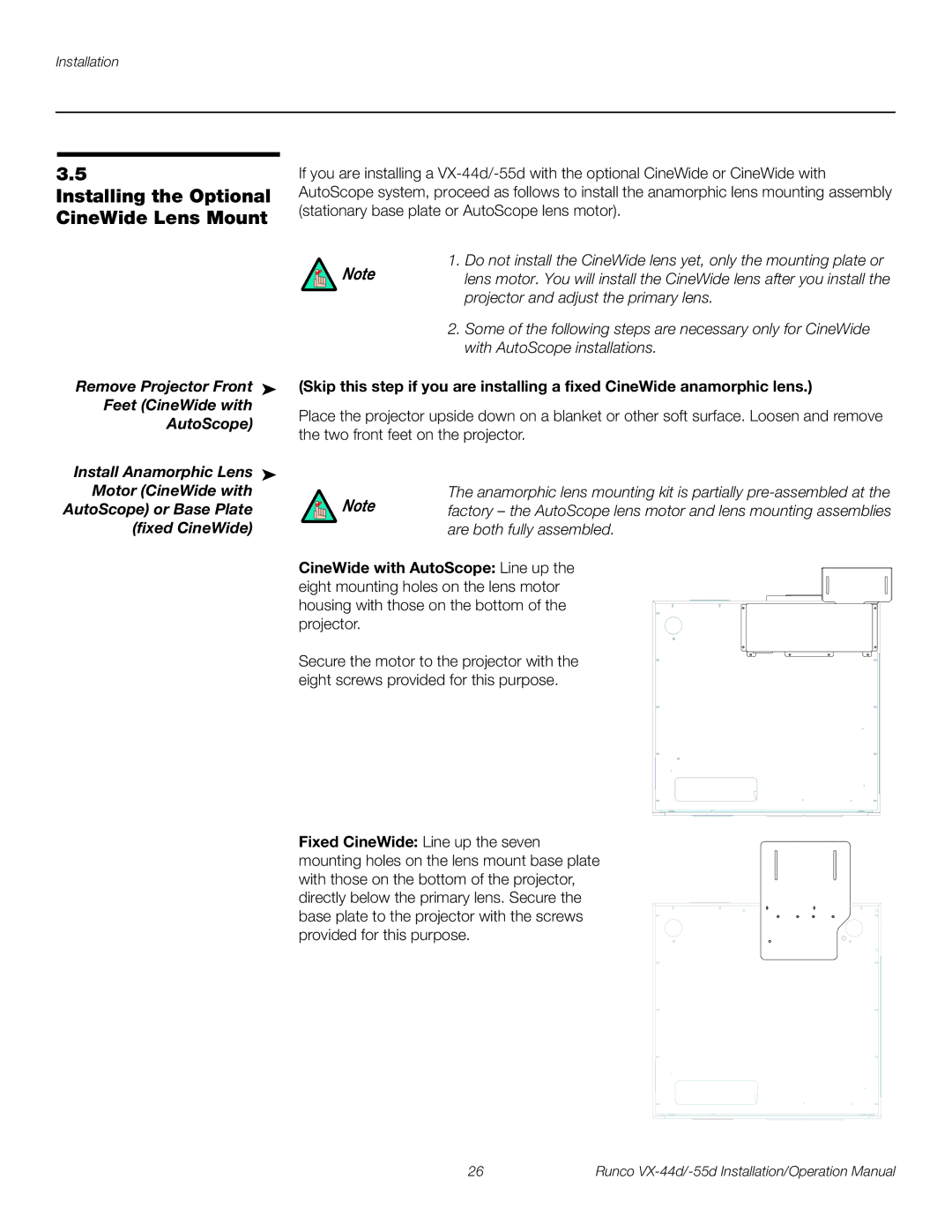 Runco VX-44D Installing the Optional CineWide Lens Mount, AutoScope or Base Plate, Fixed CineWide Are both fully assembled 