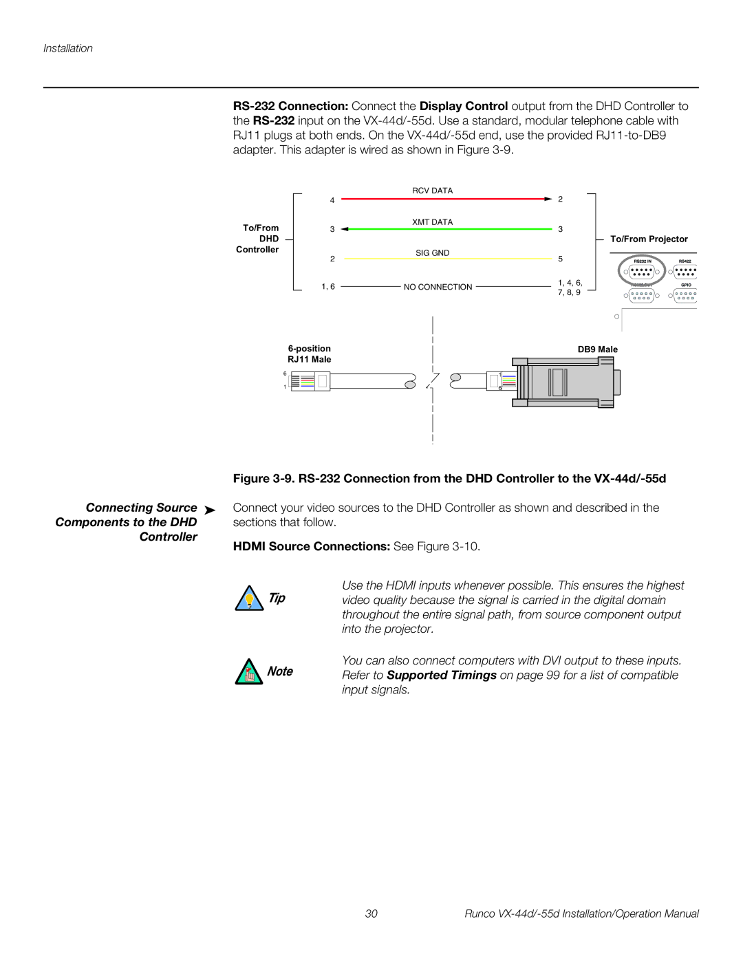 Runco VX-44D, VX-55D operation manual Connecting Source, Components to the DHD, Sections that follow, Controller 