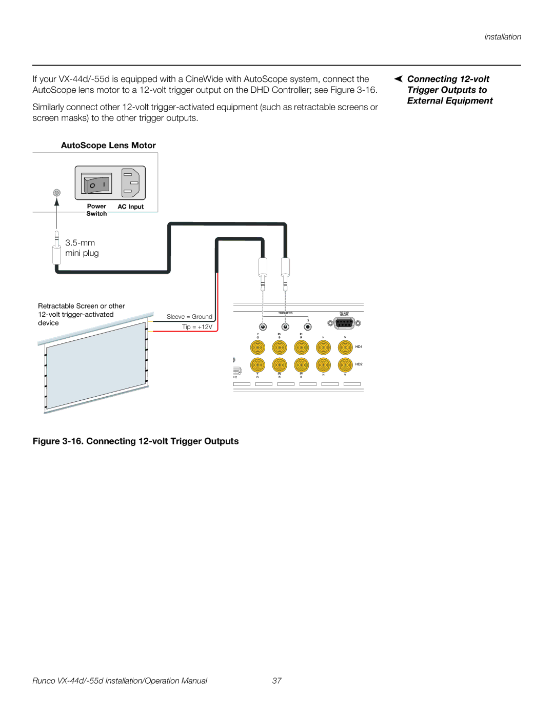 Runco VX-55D, VX-44D operation manual AutoScope Lens Motor, Connecting 12-volt Trigger Outputs to External Equipment 